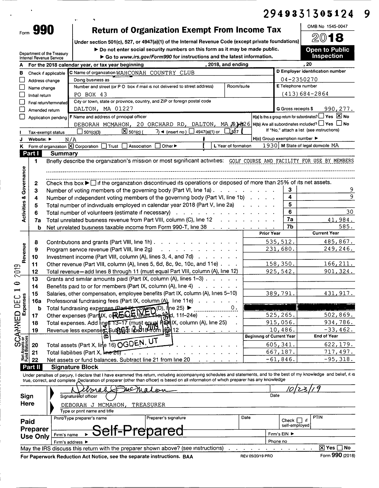 Image of first page of 2018 Form 990O for Wahconah Country Club