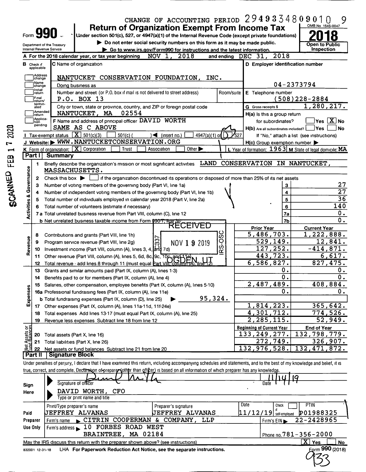 Image of first page of 2018 Form 990 for Nantucket Conservation Foundation