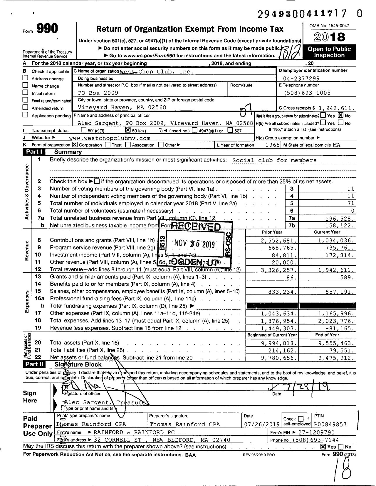 Image of first page of 2018 Form 990O for West Chop Club