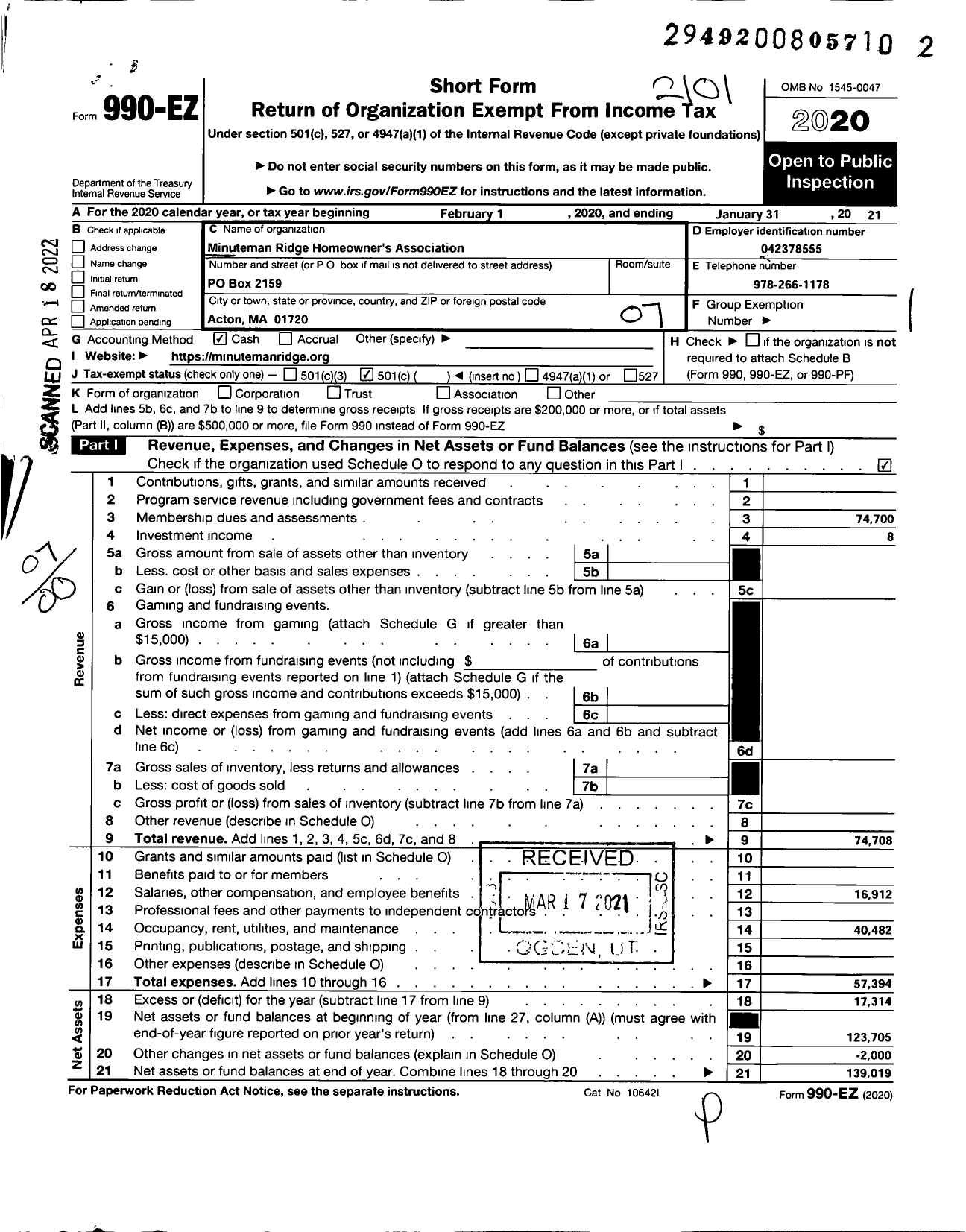 Image of first page of 2020 Form 990EO for Minuteman Ridge Homeowners Association