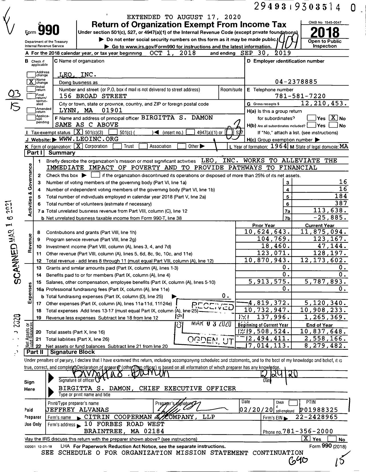 Image of first page of 2018 Form 990 for Lynn Economic Opportunity (LEO)