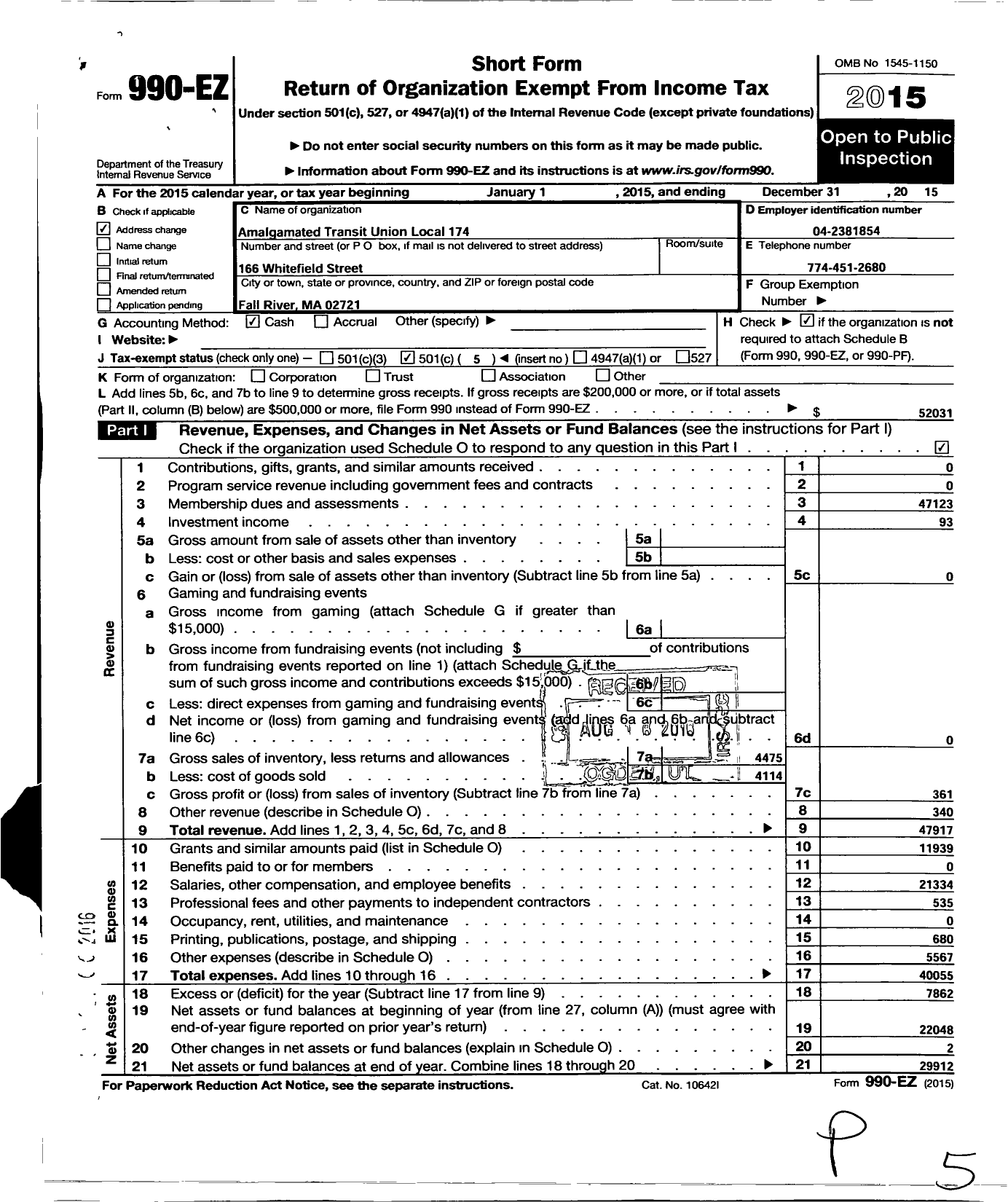 Image of first page of 2015 Form 990EO for Amalgamated Transit Union Local 174