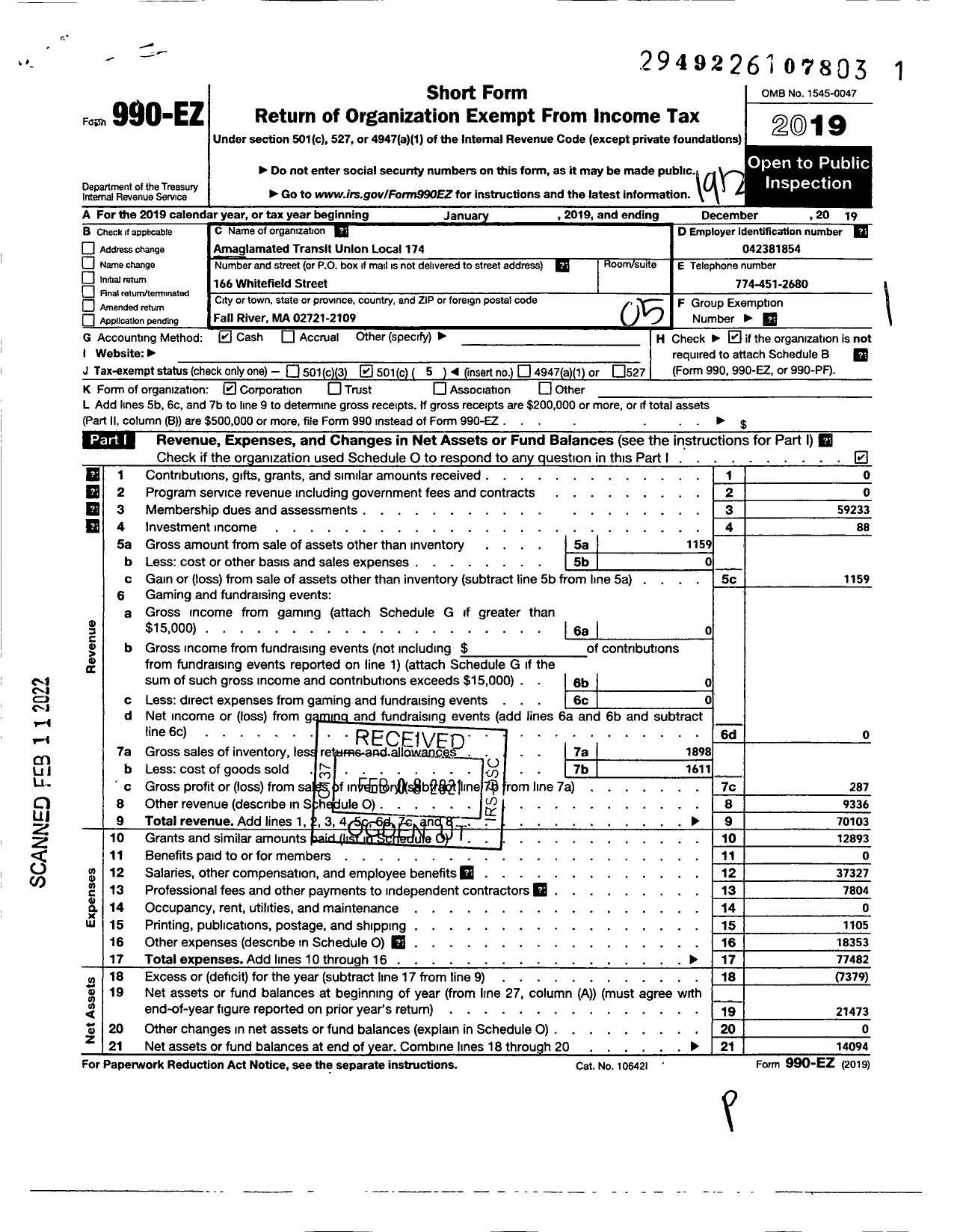 Image of first page of 2019 Form 990EO for Amalgamated Transit Union Local 174