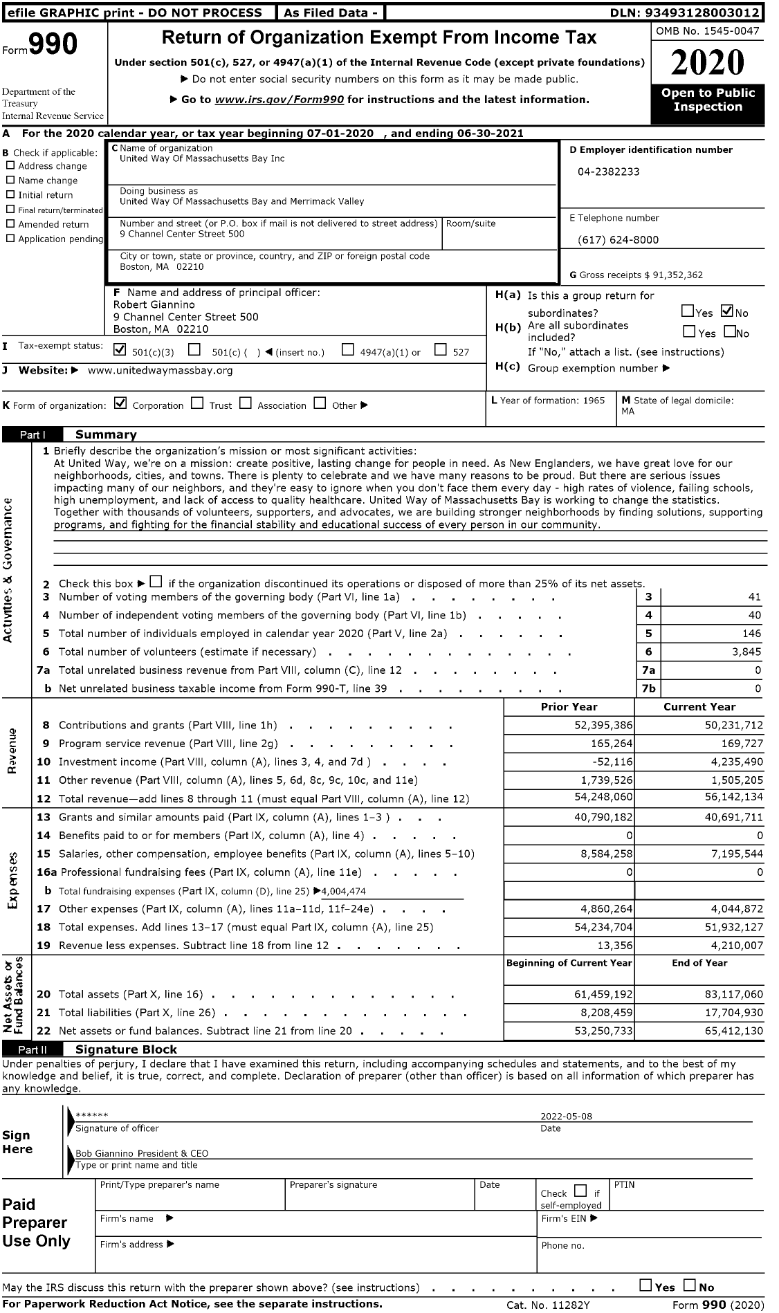 Image of first page of 2020 Form 990 for United Way of Massachusetts Bay and Merrimack Valley