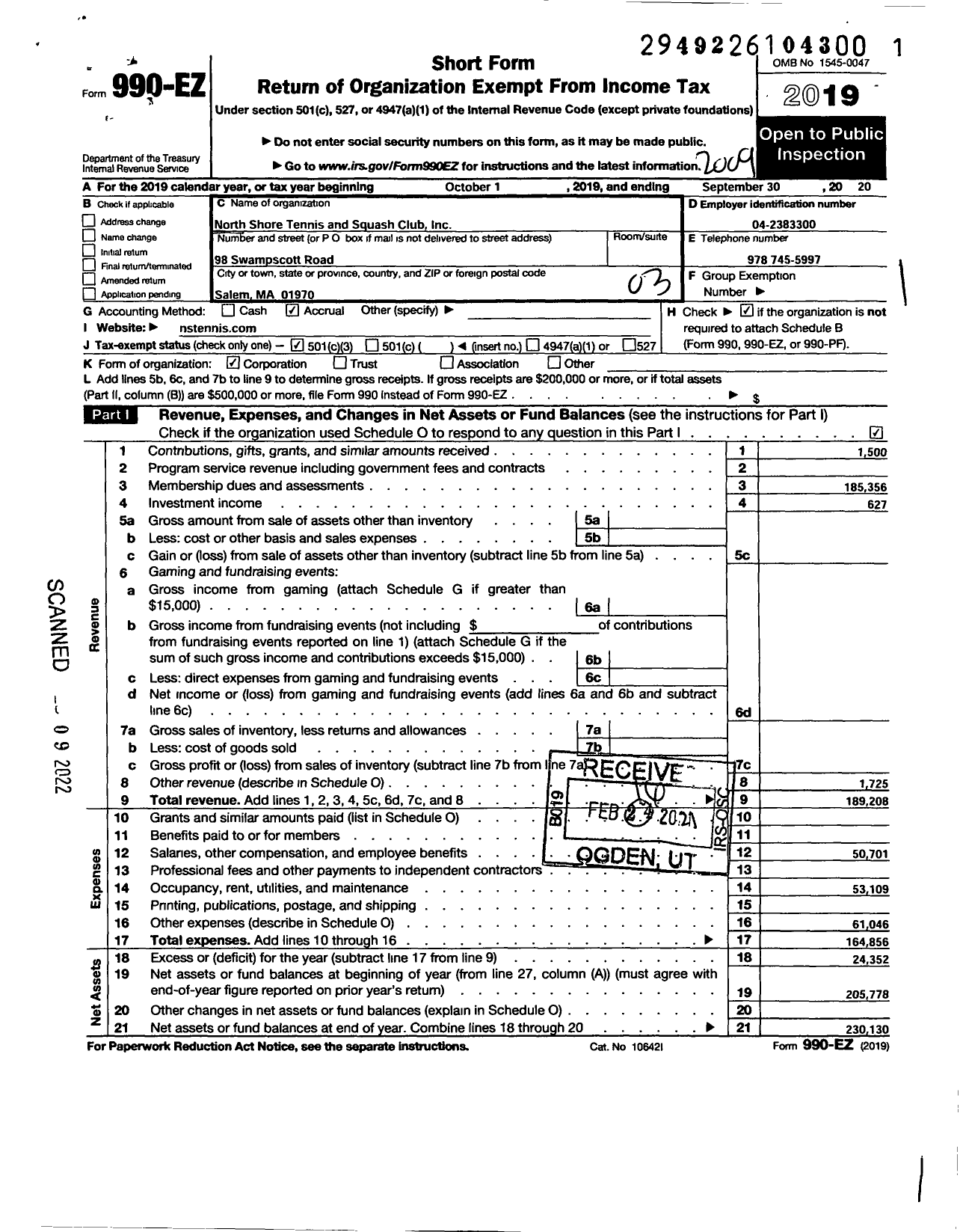 Image of first page of 2019 Form 990EZ for North Shore Tennis and Squash Club