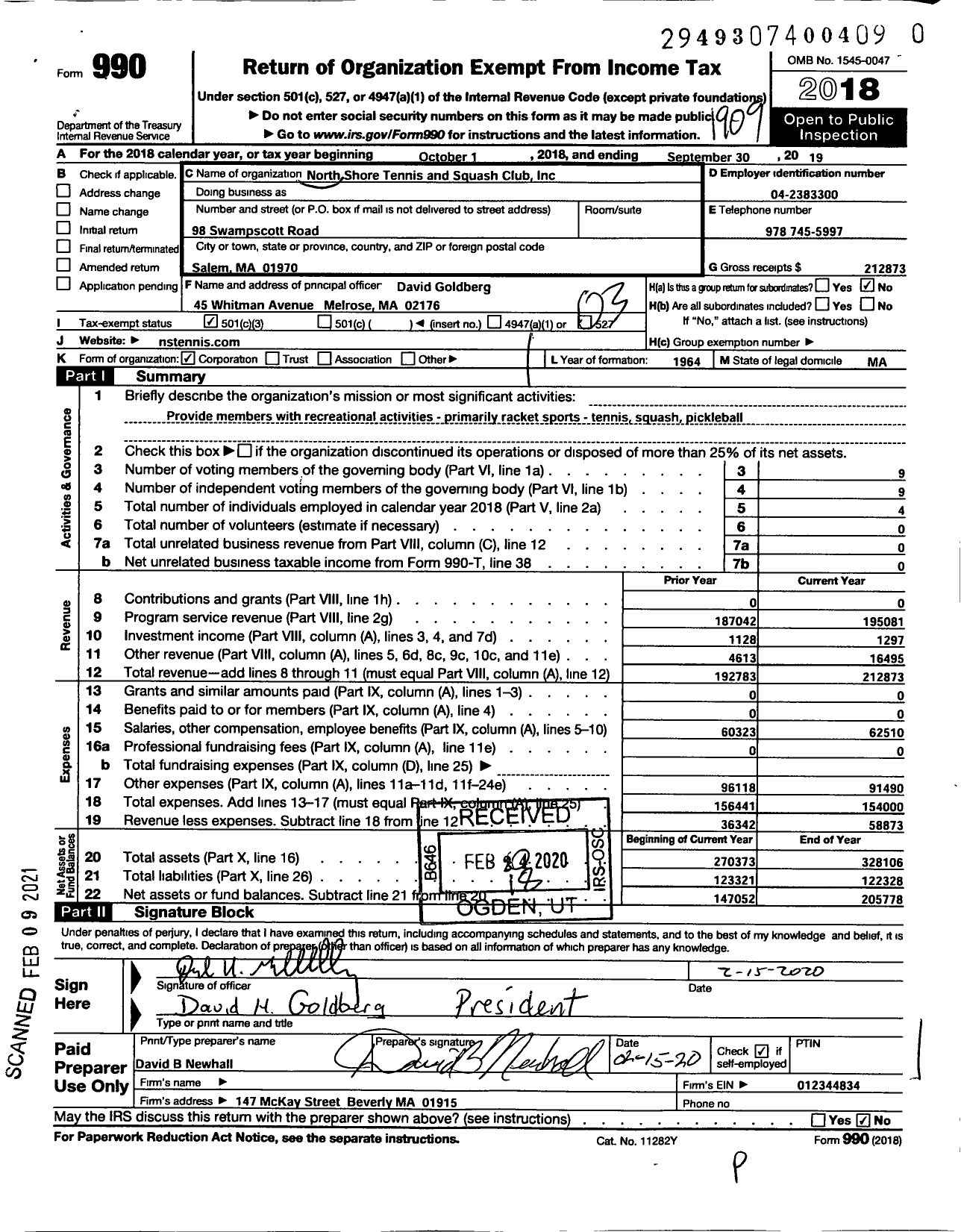 Image of first page of 2018 Form 990 for North Shore Tennis and Squash Club