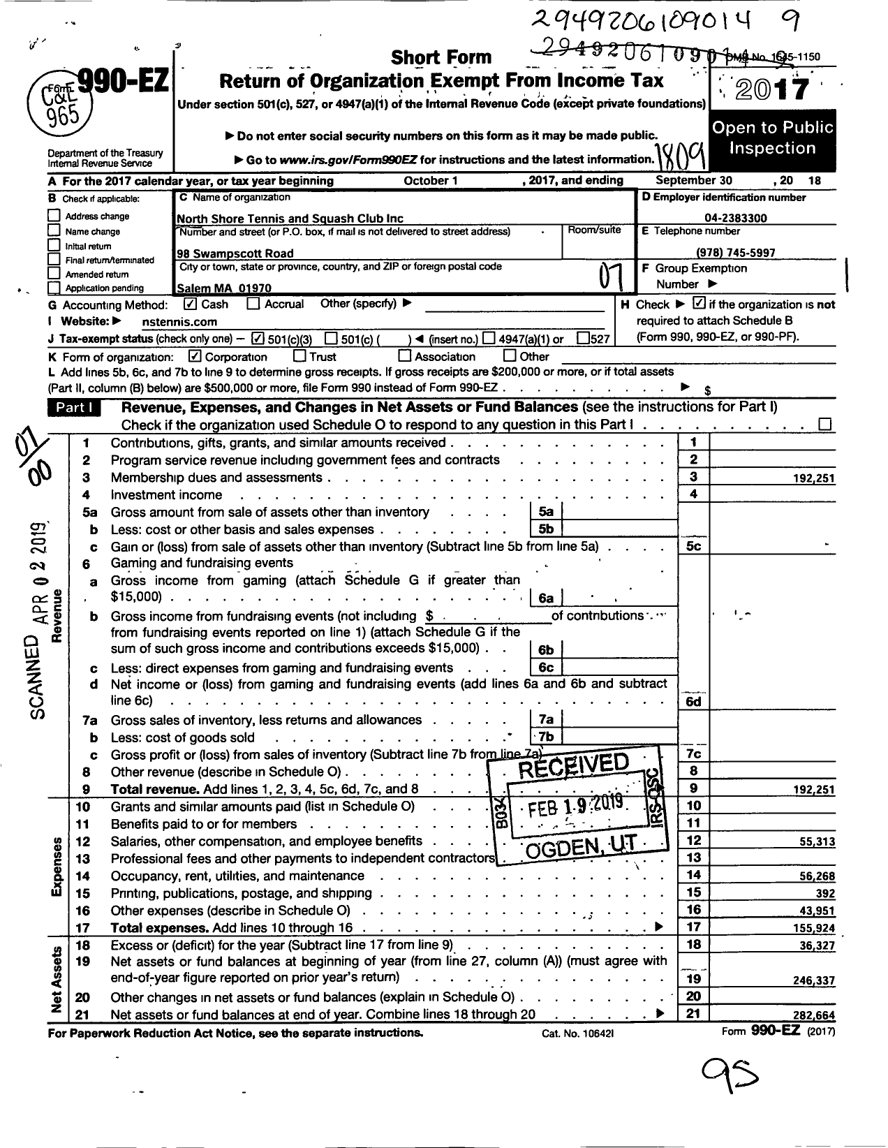 Image of first page of 2017 Form 990EO for North Shore Tennis and Squash Club