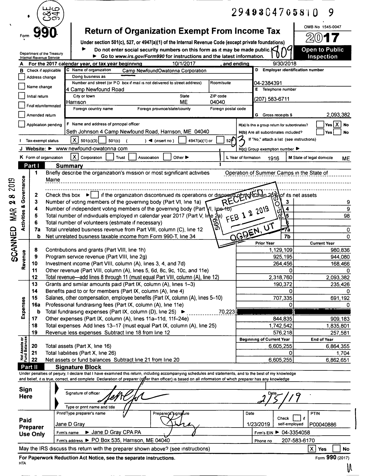 Image of first page of 2017 Form 990 for Camp NewfoundOwatonna Owatonna Corporation