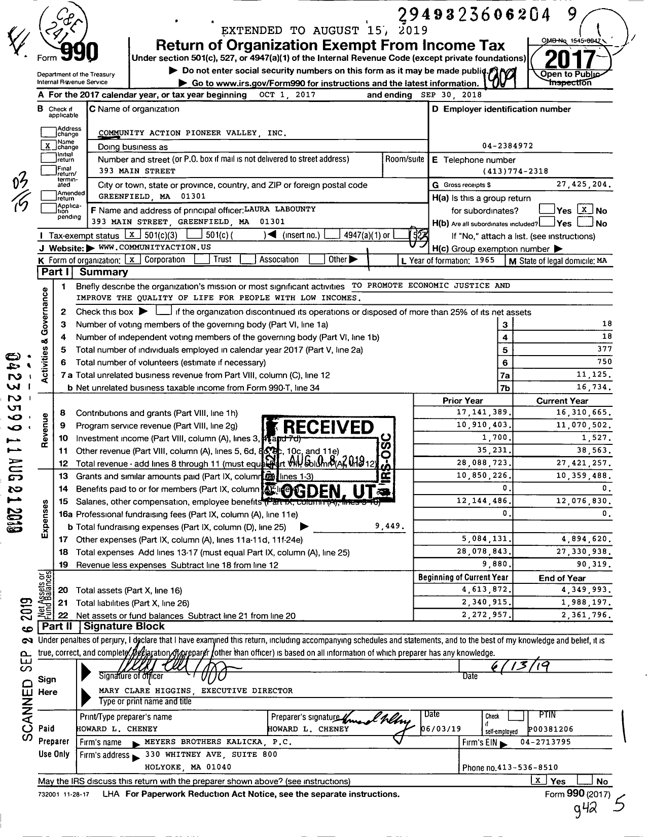 Image of first page of 2017 Form 990 for Community Action Pioneer Valley