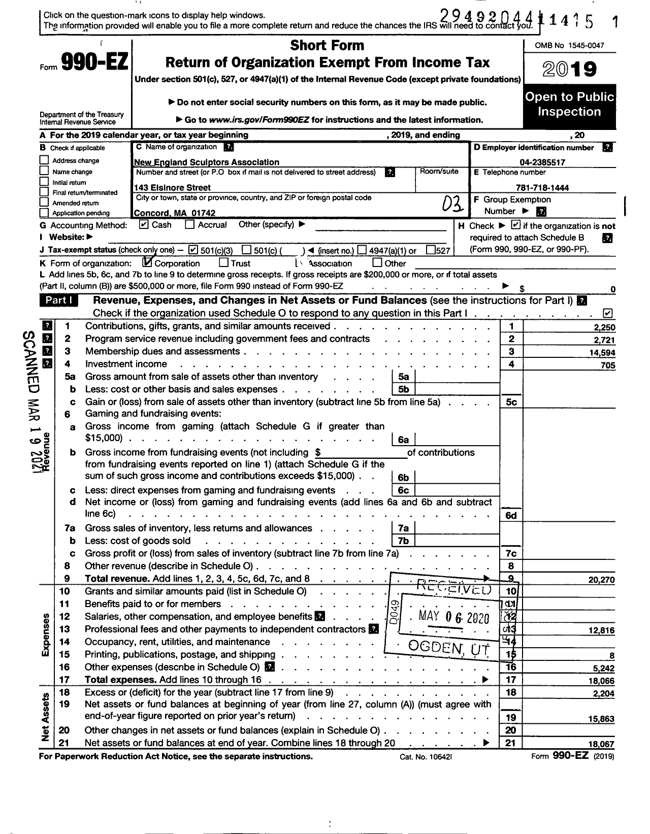 Image of first page of 2019 Form 990EZ for New England Sculptors Association