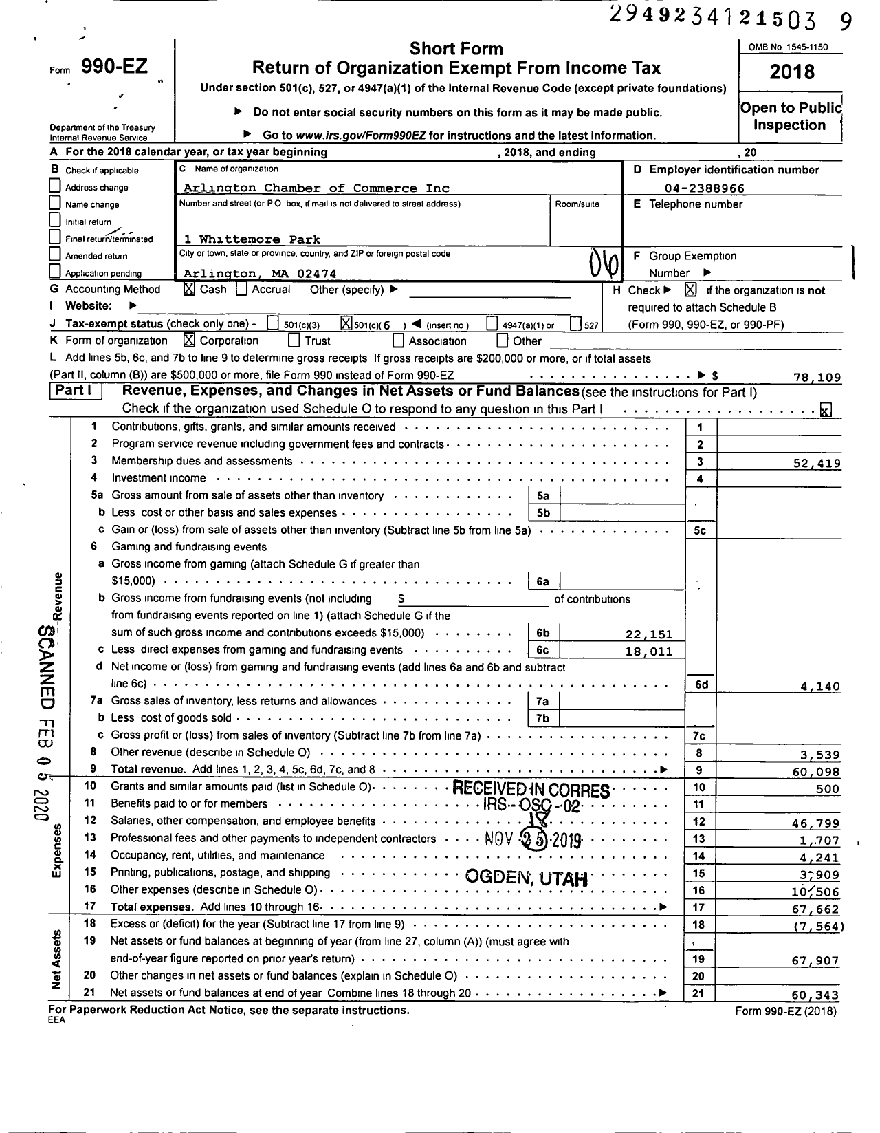 Image of first page of 2018 Form 990EO for Arlington Chamber of Commerce