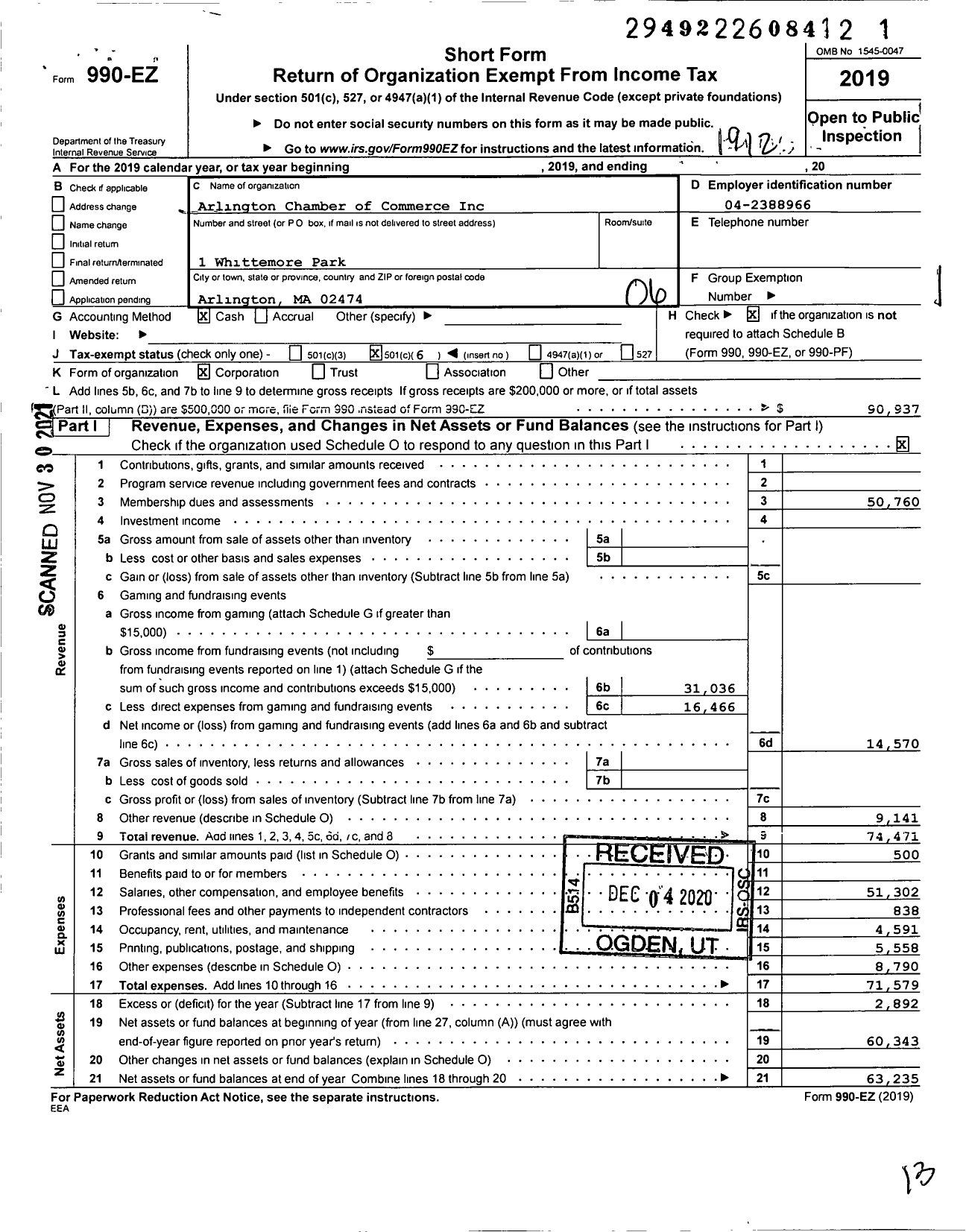 Image of first page of 2019 Form 990EO for Arlington Chamber of Commerce