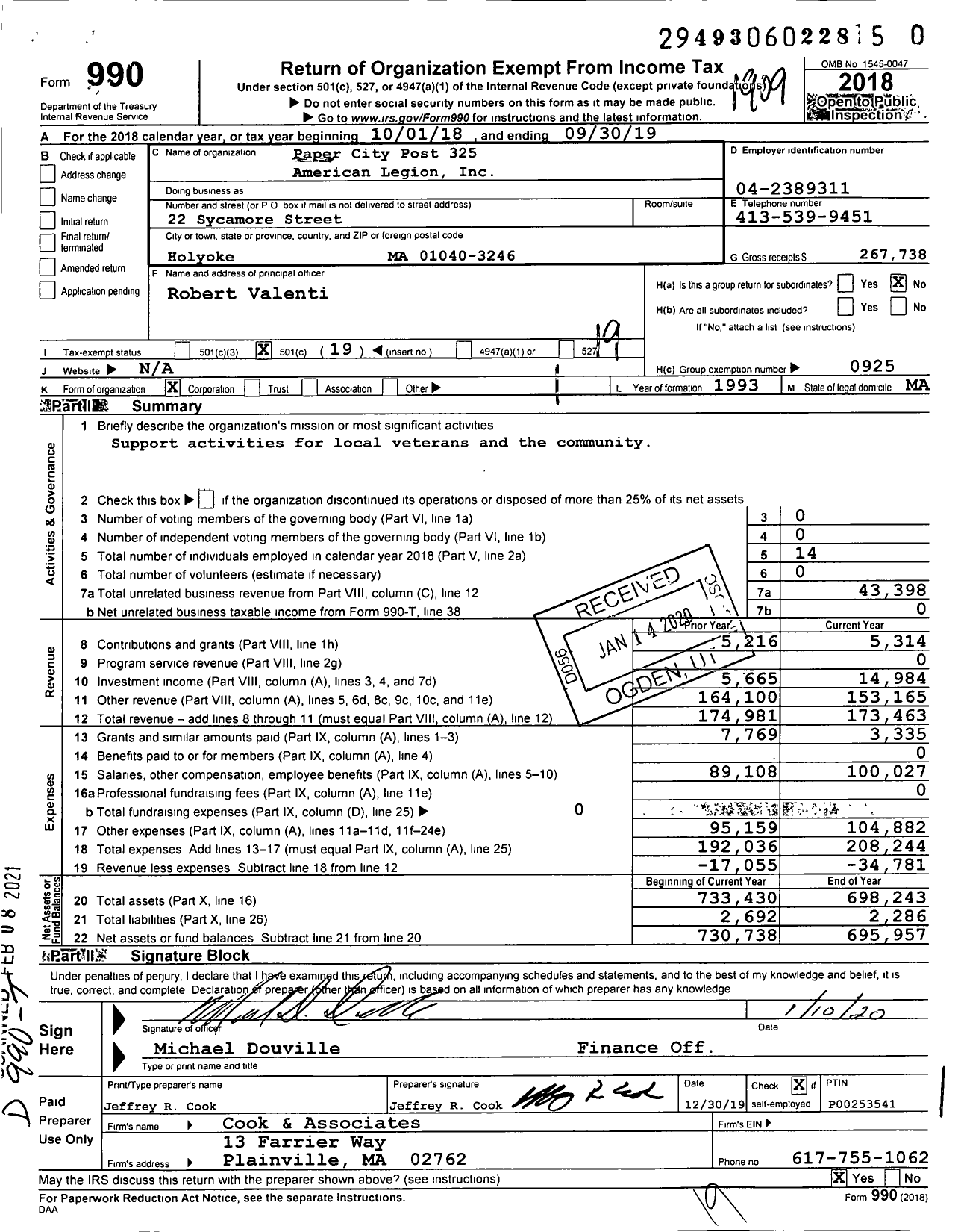 Image of first page of 2018 Form 990O for American Legion - 325 Paper City