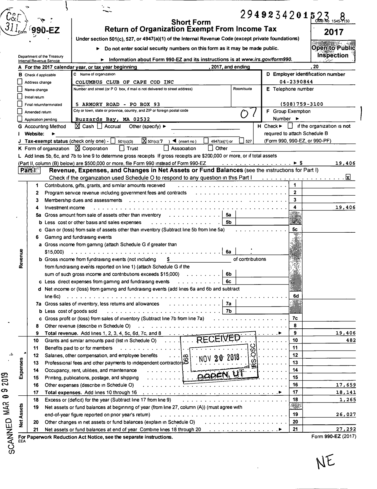 Image of first page of 2017 Form 990EO for Columbus Club of Cape Cod