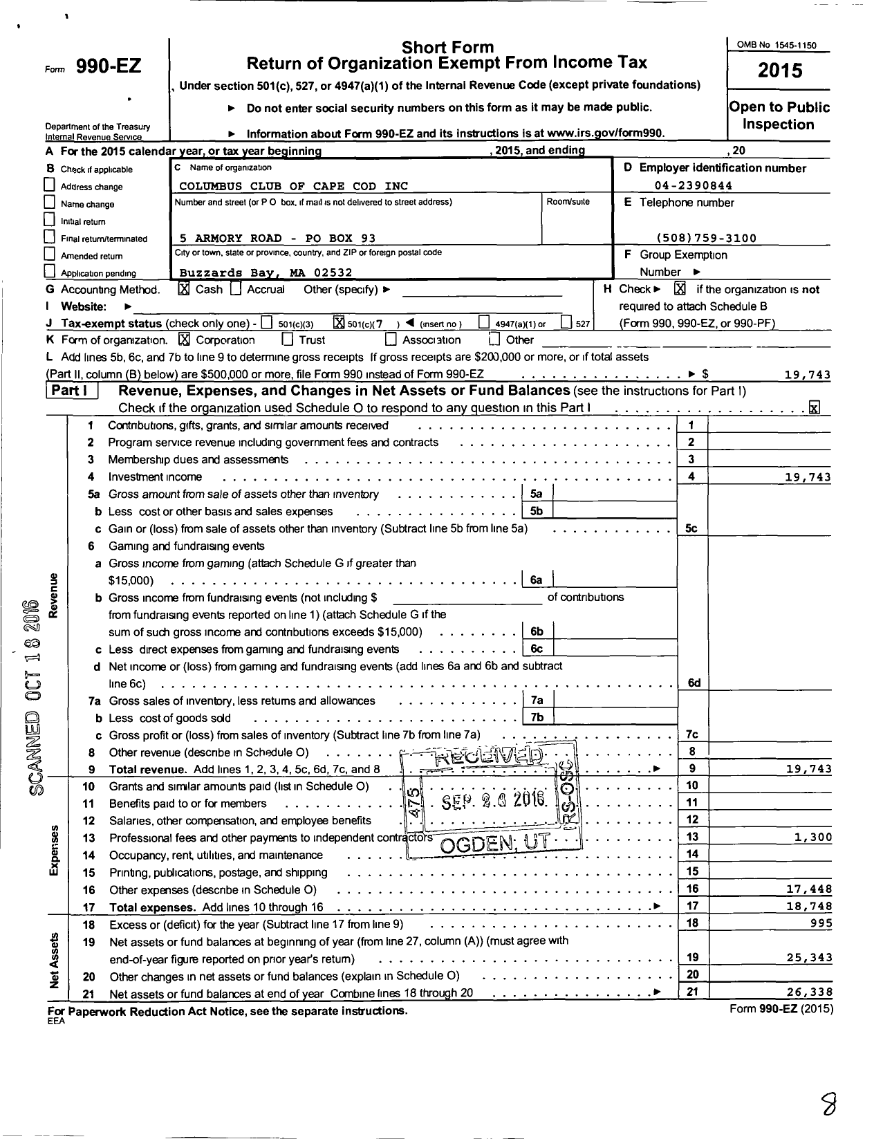 Image of first page of 2015 Form 990EO for Columbus Club of Cape Cod