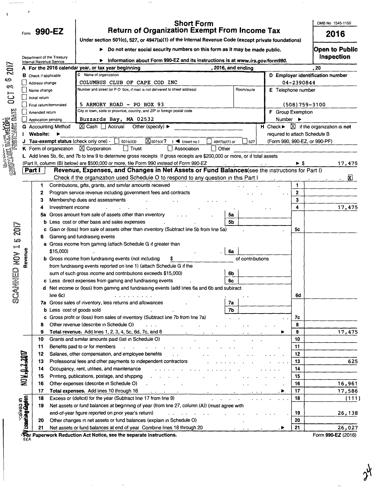 Image of first page of 2016 Form 990EO for Columbus Club of Cape Cod