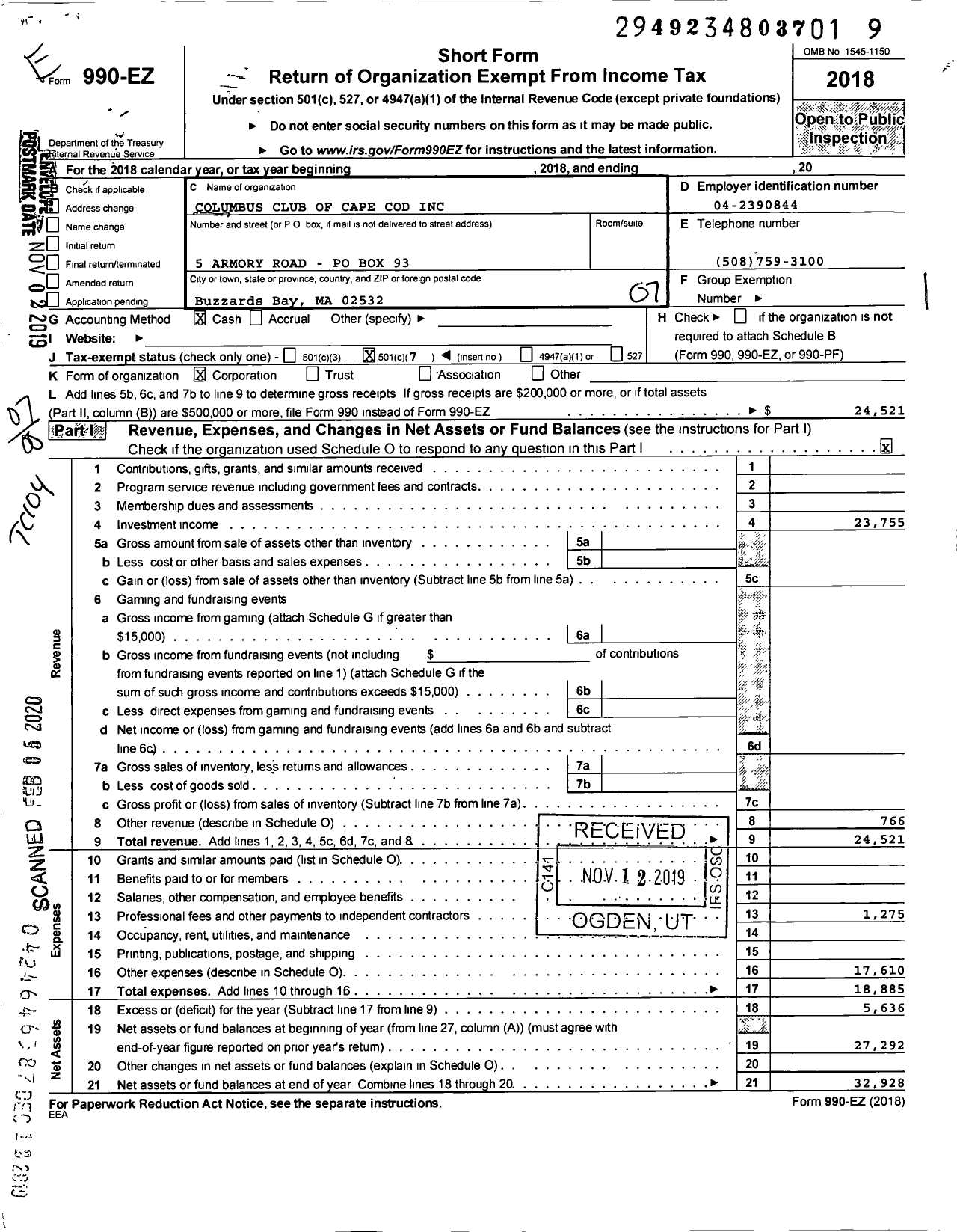 Image of first page of 2018 Form 990EO for Columbus Club of Cape Cod