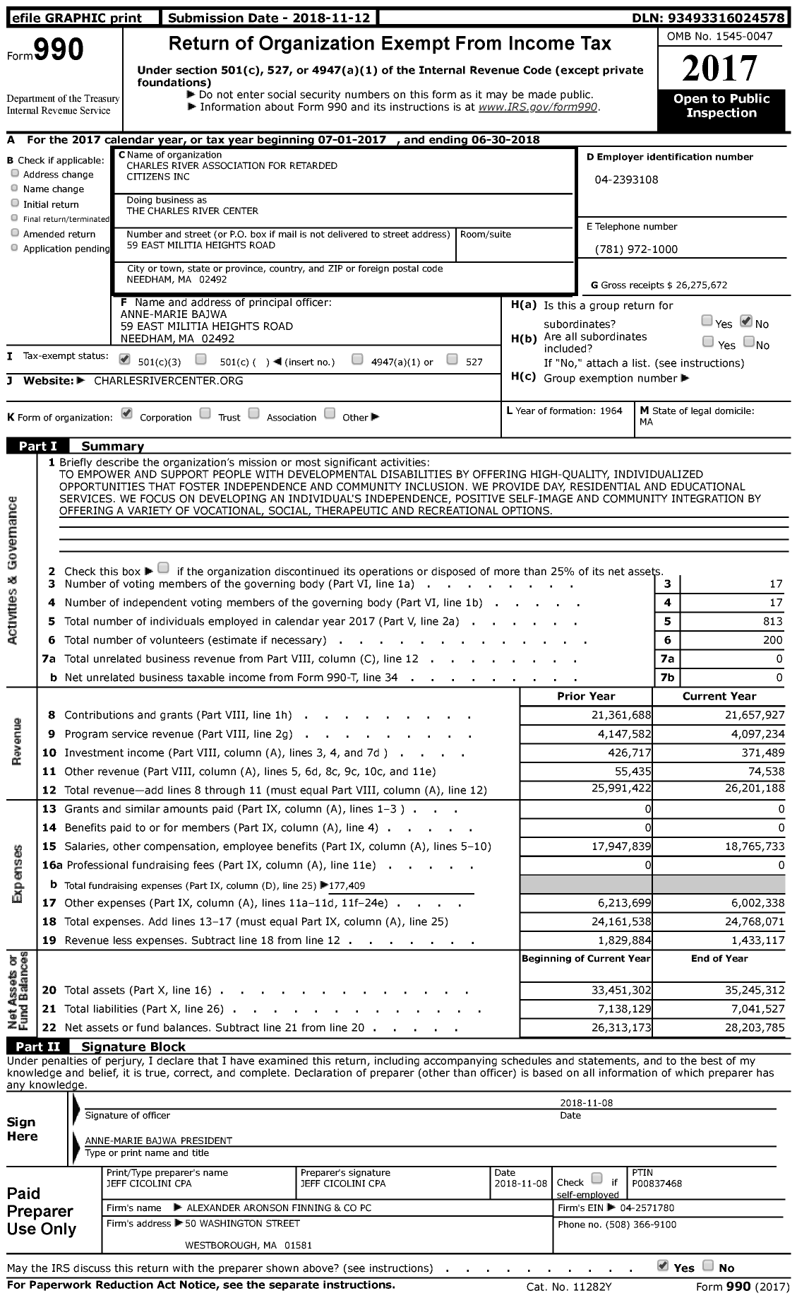 Image of first page of 2017 Form 990 for The Charles River Center