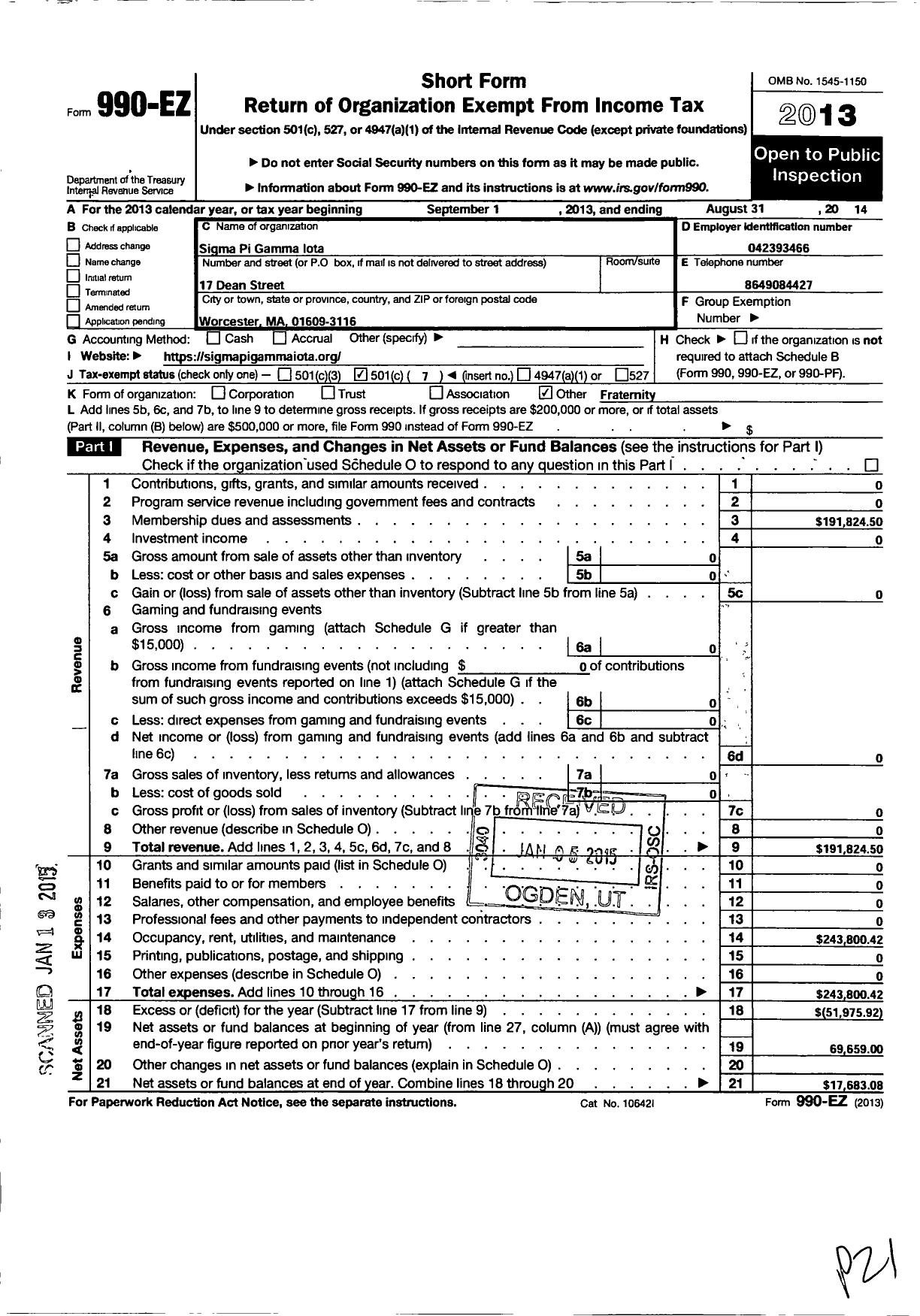 Image of first page of 2013 Form 990EO for Sigma Pi Gamma Iota