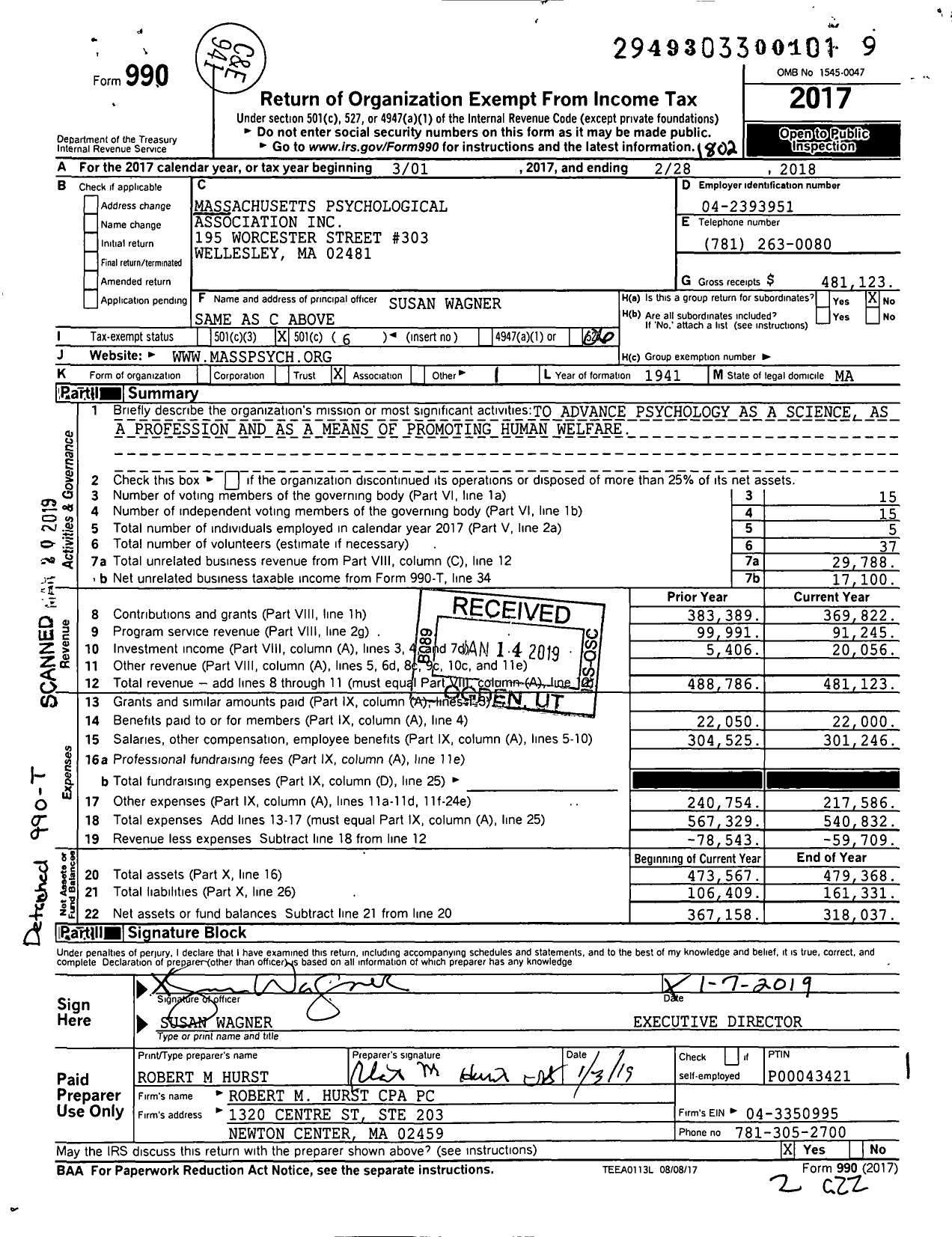 Image of first page of 2017 Form 990O for Massachusetts Psychological Association
