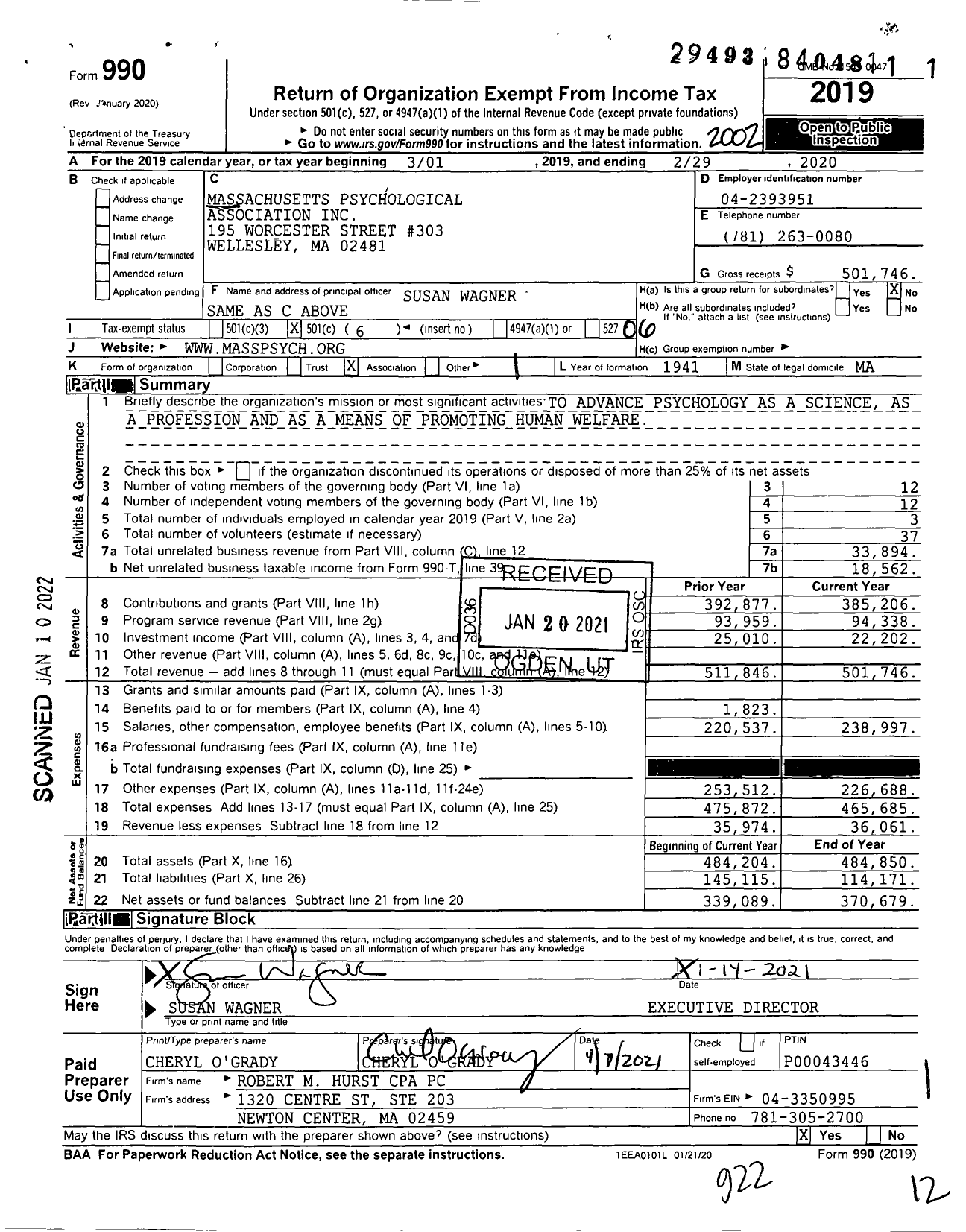 Image of first page of 2019 Form 990O for Massachusetts Psychological Association