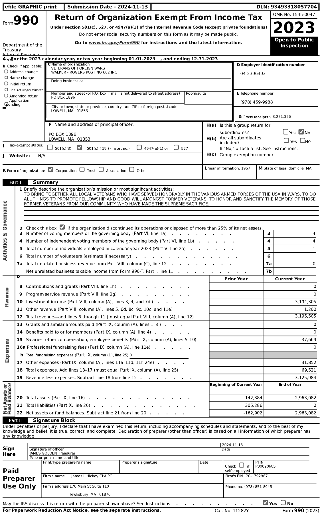 Image of first page of 2023 Form 990 for VFW Department of Massachusetts - James H Golden MBR