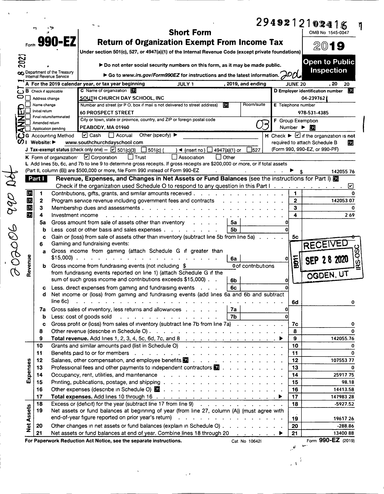 Image of first page of 2019 Form 990EZ for South Church Day School