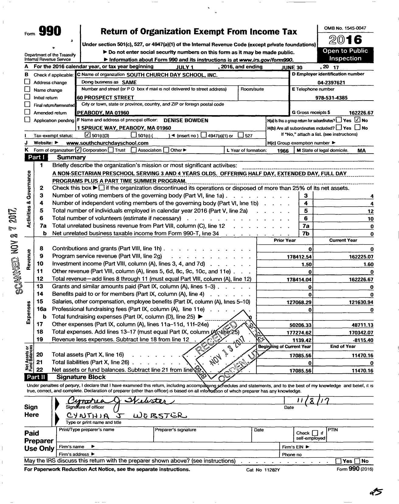 Image of first page of 2016 Form 990 for South Church Day School