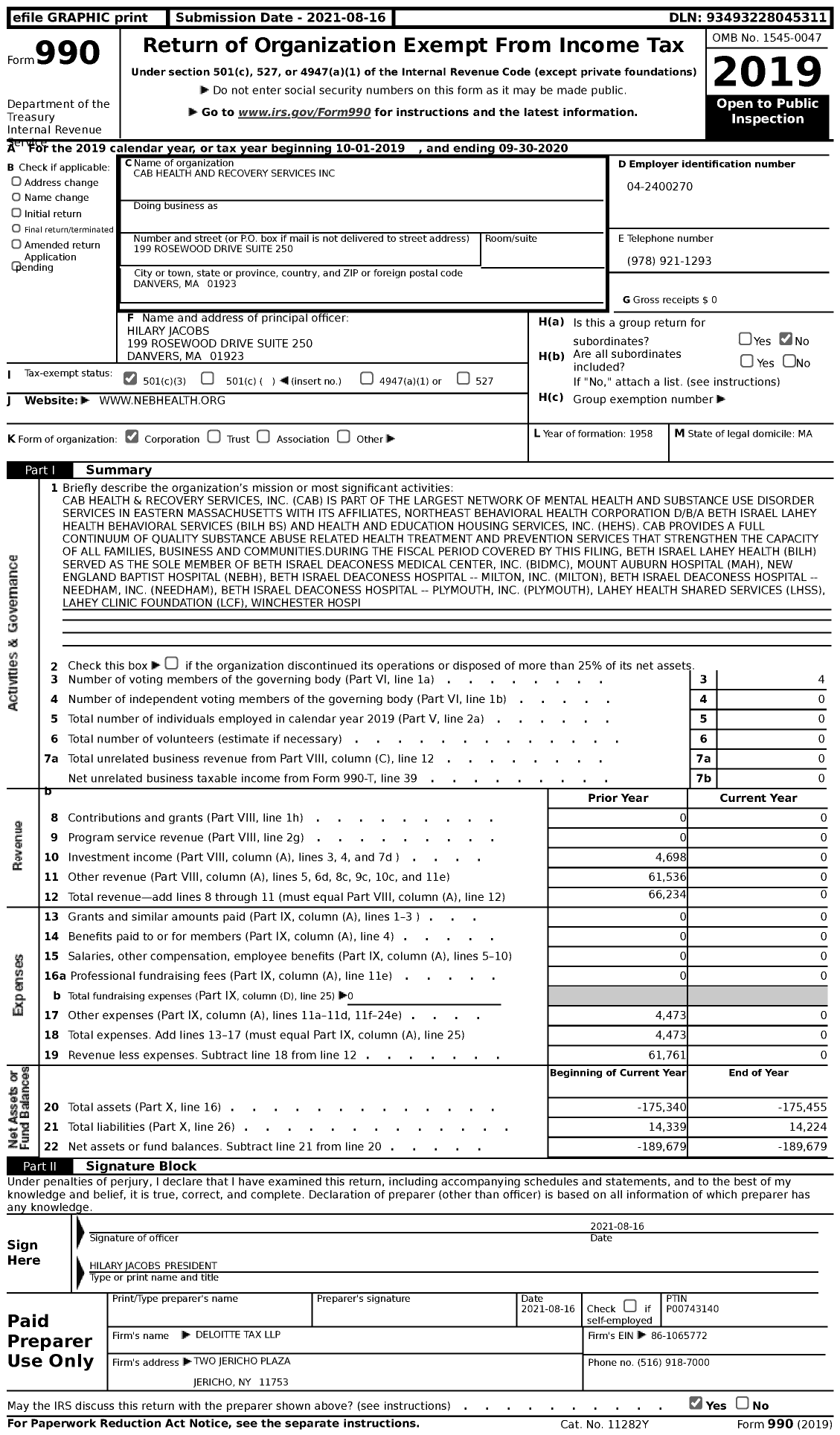 Image of first page of 2019 Form 990 for Cab Health and Recovery Services