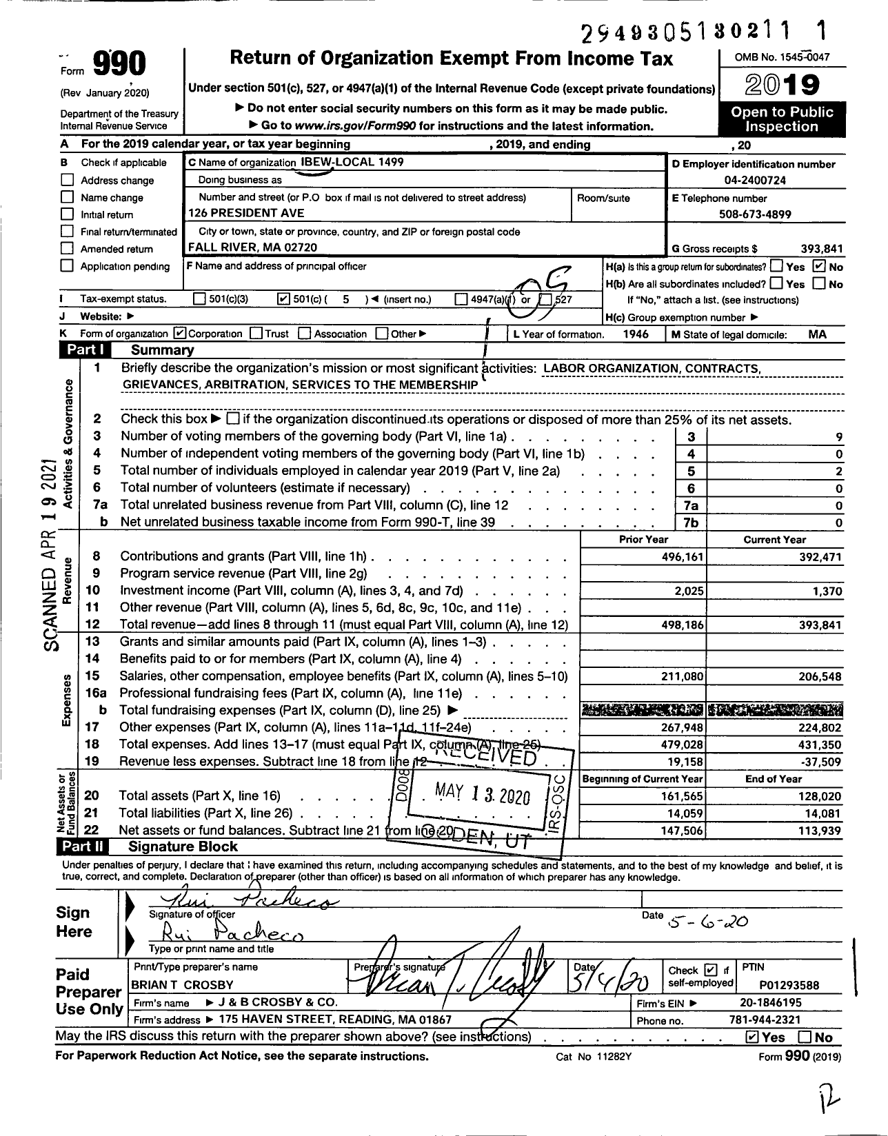 Image of first page of 2019 Form 990O for International Brotherhood of Electrical Workers - 1499 Local Union