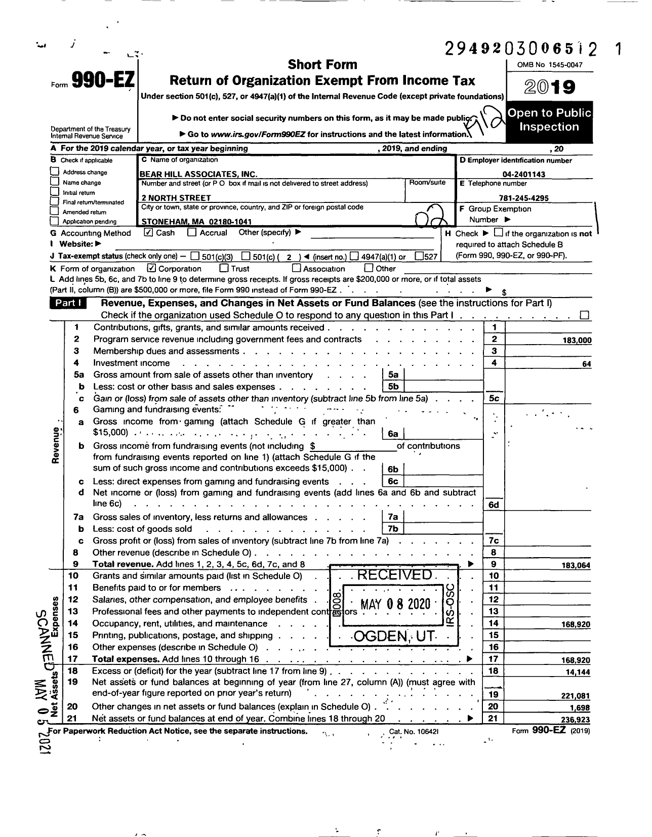 Image of first page of 2019 Form 990EO for Bear Hill Associates