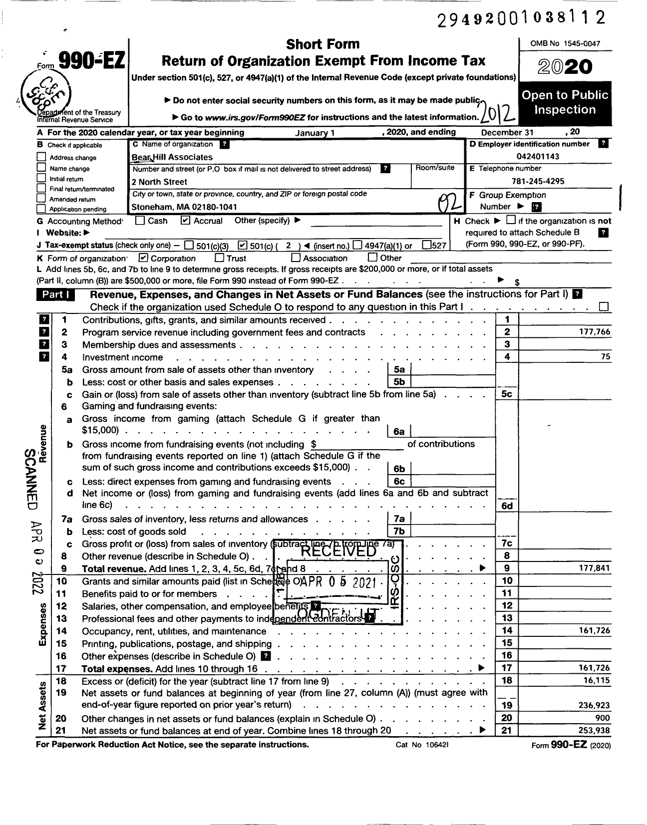 Image of first page of 2020 Form 990EO for Bear Hill Associates