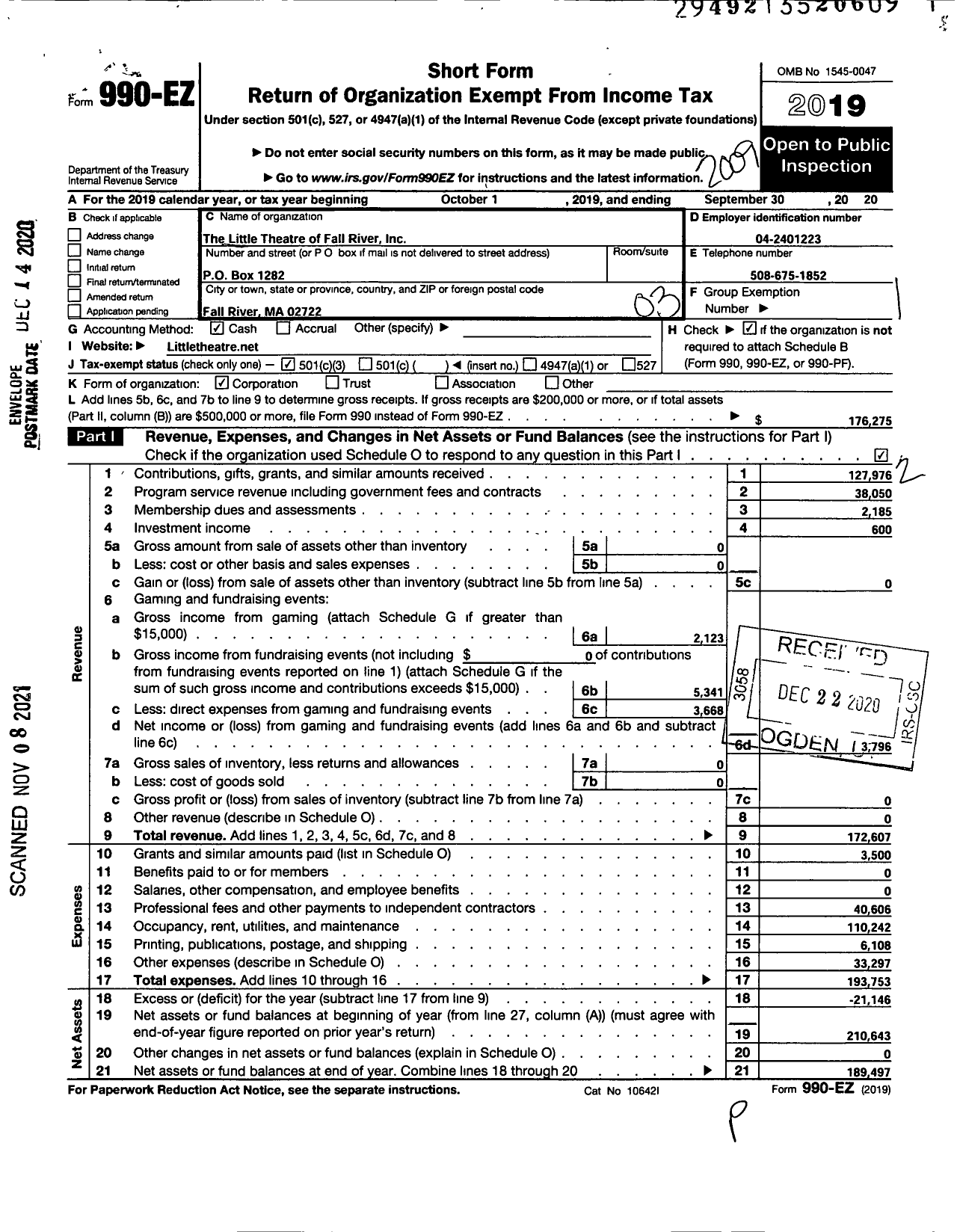 Image of first page of 2019 Form 990EZ for Little Theatre of Fall River