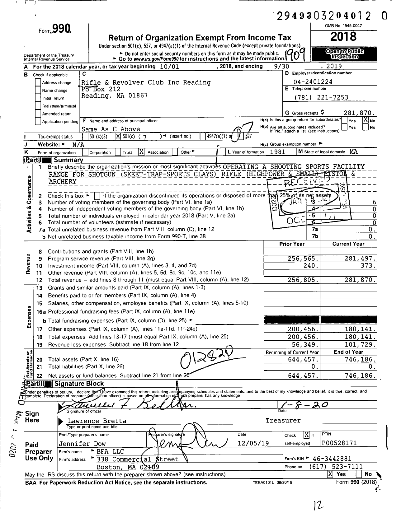 Image of first page of 2018 Form 990O for Reading Rifle and Revolver Club