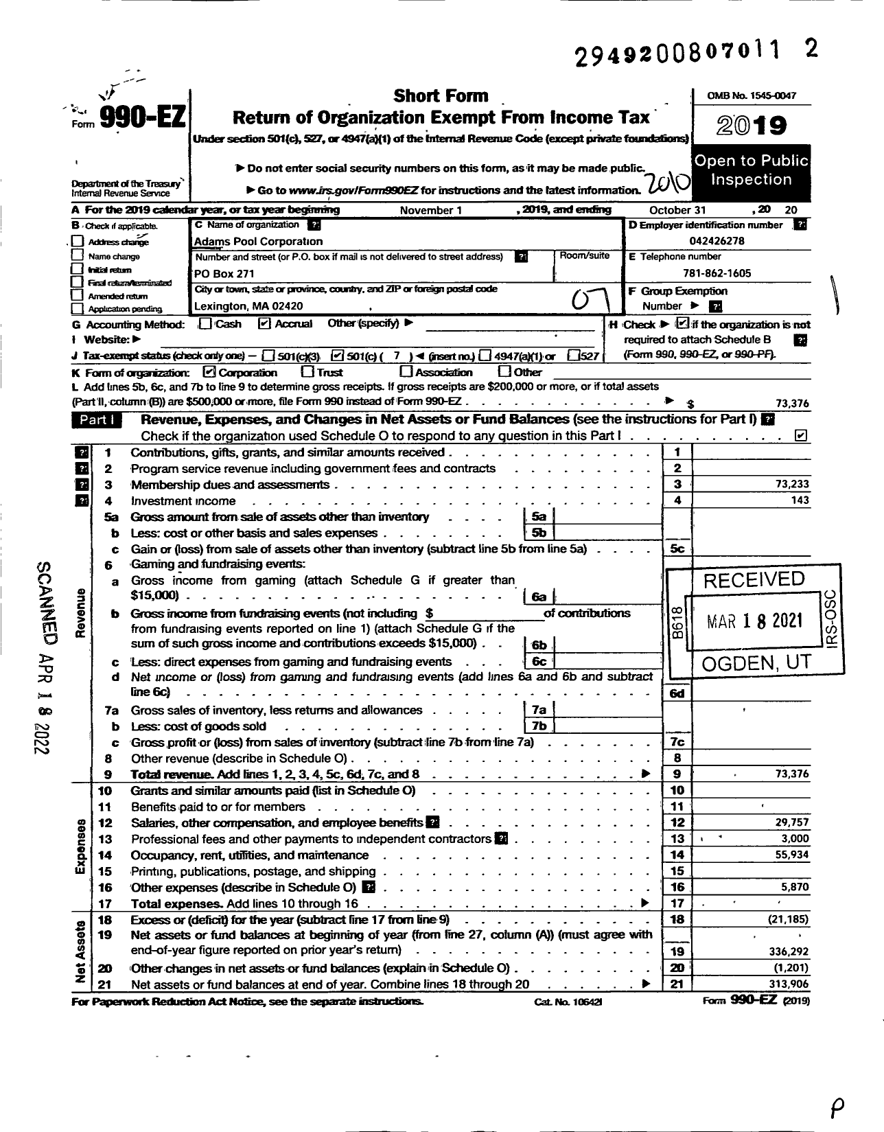 Image of first page of 2019 Form 990EO for Adams Pool Corporation