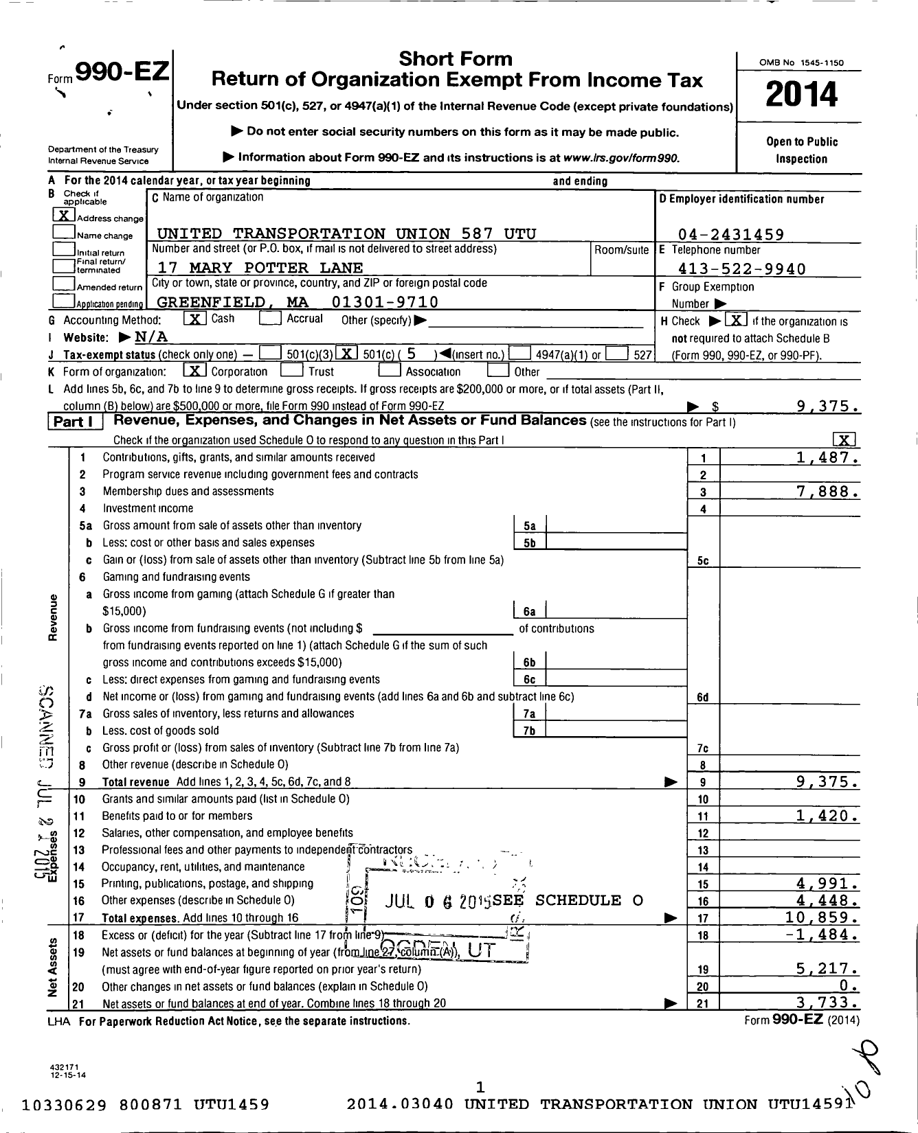 Image of first page of 2014 Form 990EO for Smart Union - 587 TD