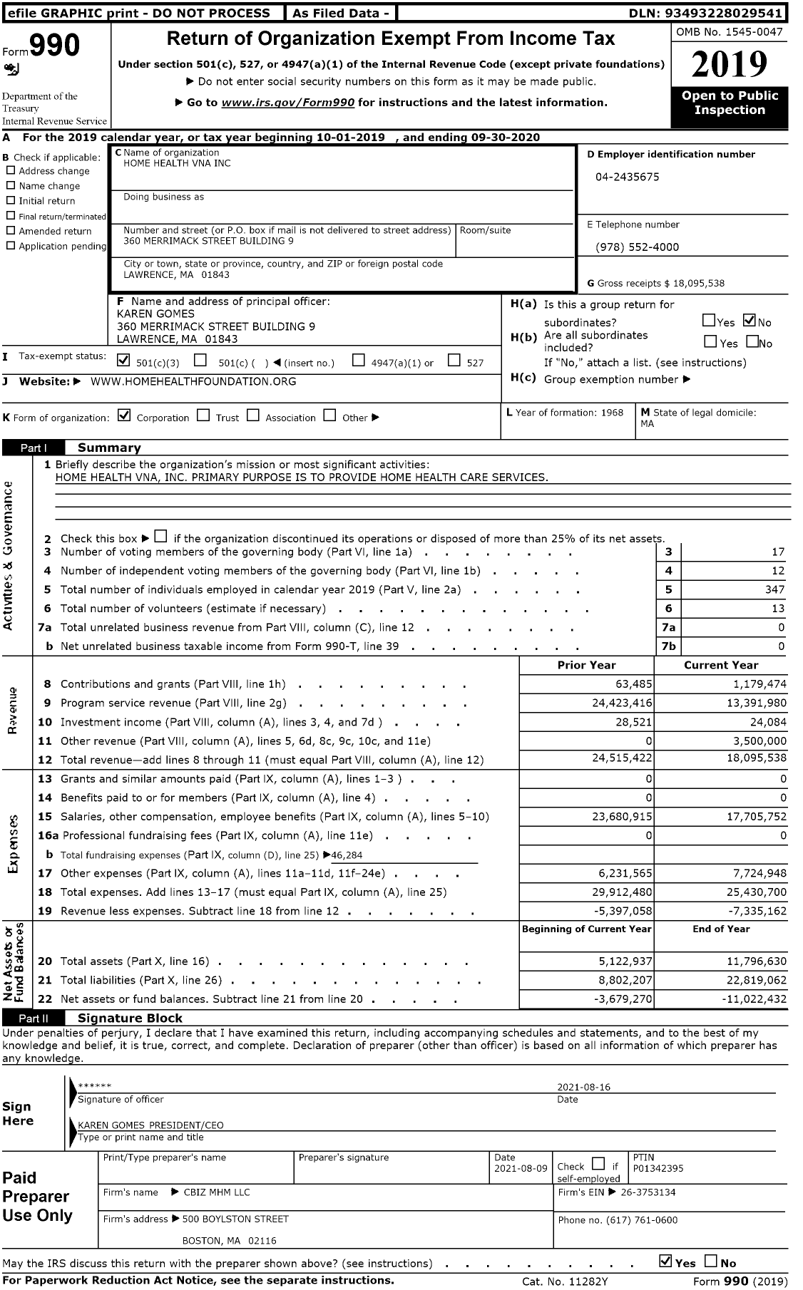 Image of first page of 2019 Form 990 for Home Health VNA