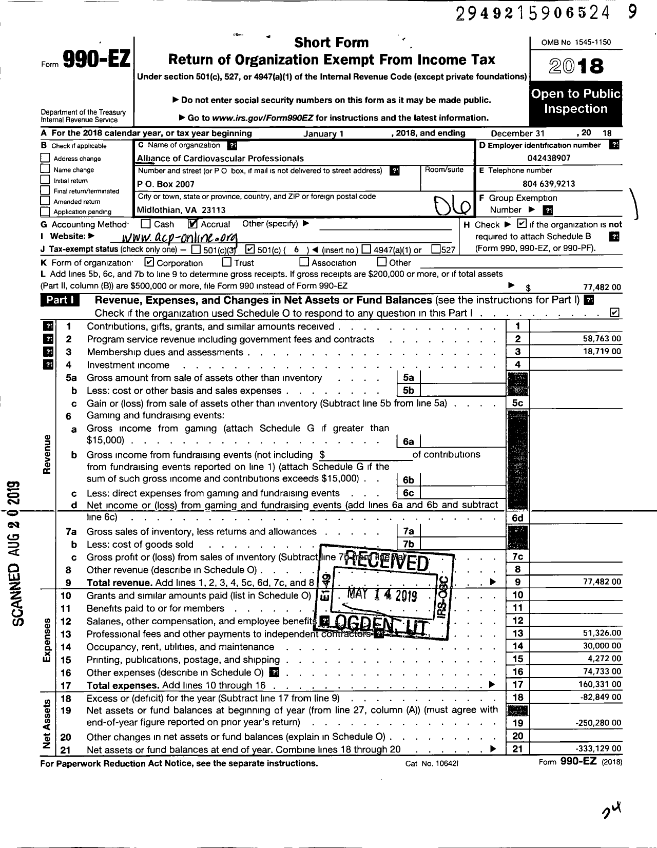 Image of first page of 2018 Form 990EO for American Society of Cardiovascular Professionals