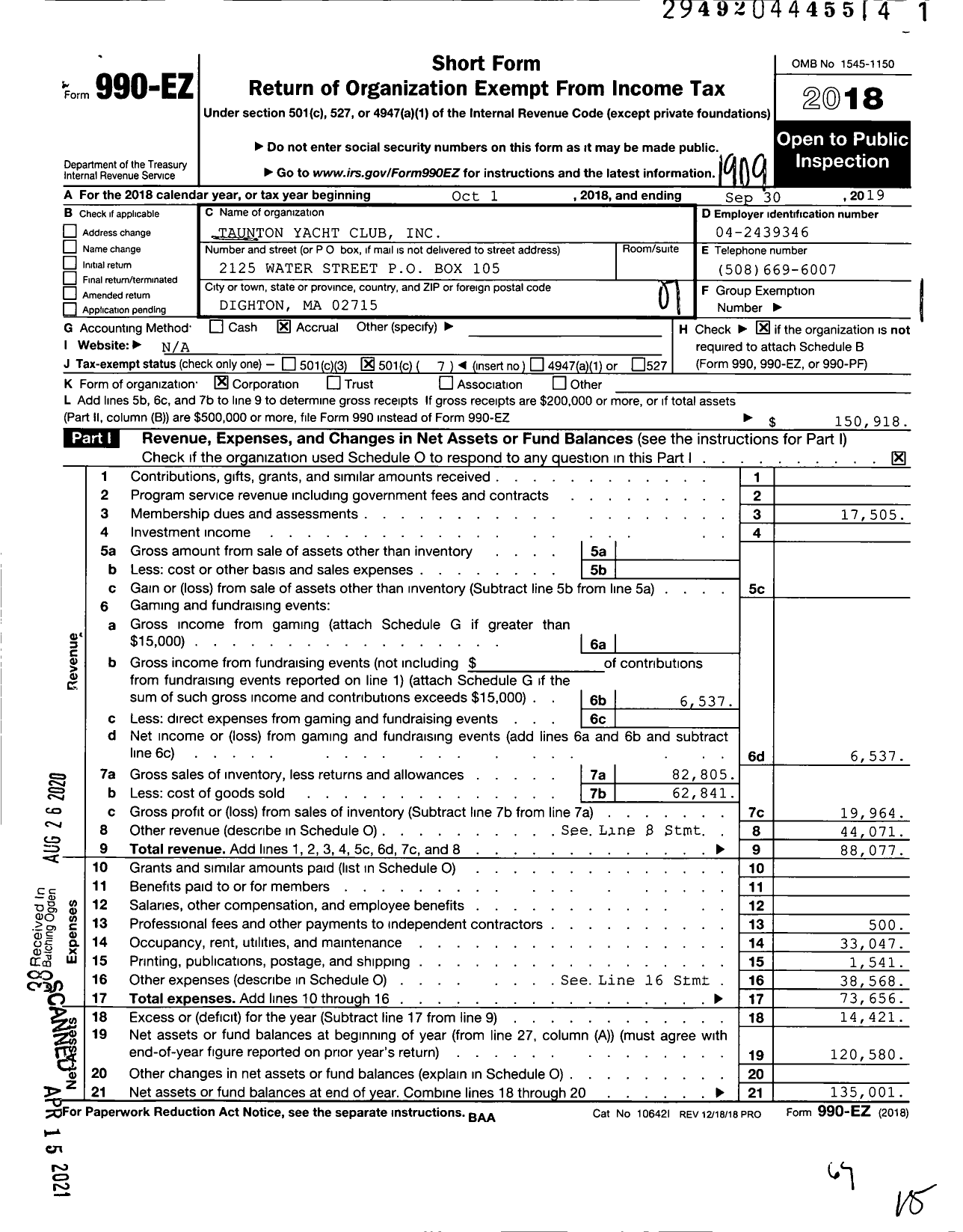 Image of first page of 2018 Form 990EO for Taunton Yacht Club