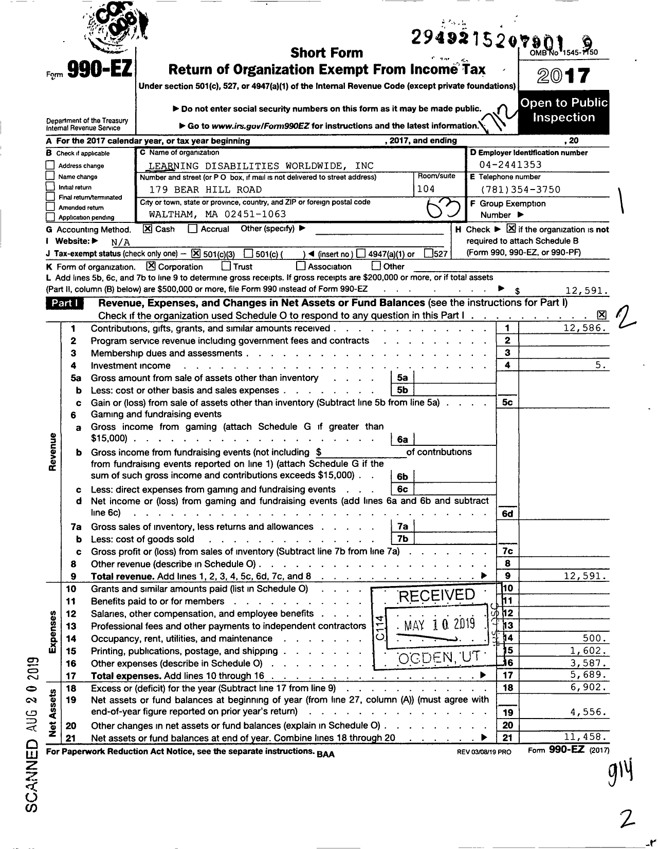 Image of first page of 2017 Form 990EZ for Learning Disabilities Worldwide