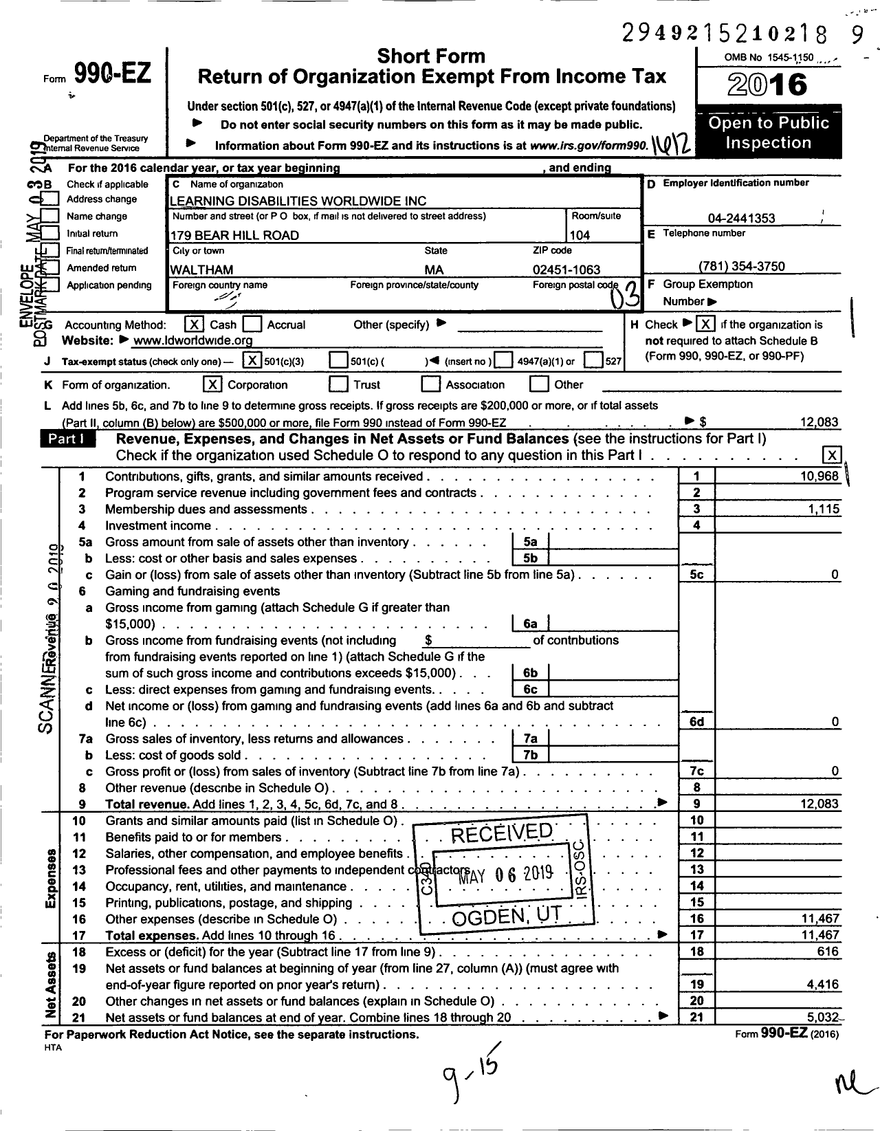 Image of first page of 2016 Form 990EZ for Learning Disabilities Worldwide