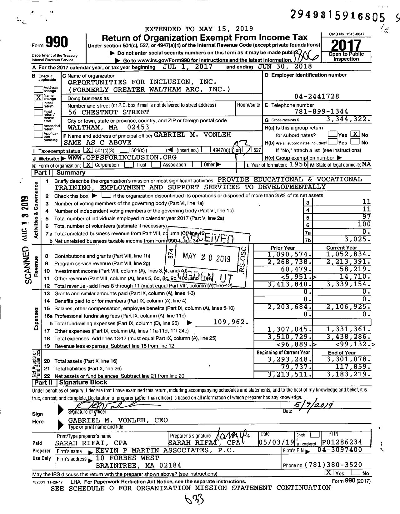 Image of first page of 2017 Form 990 for Opportunities for Inclusion