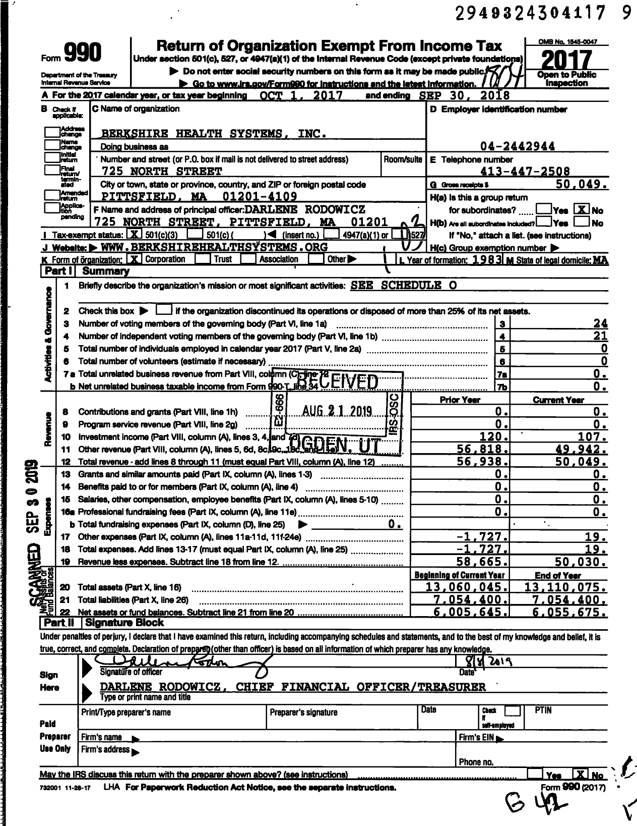 Image of first page of 2017 Form 990 for Berkshire Health Systems