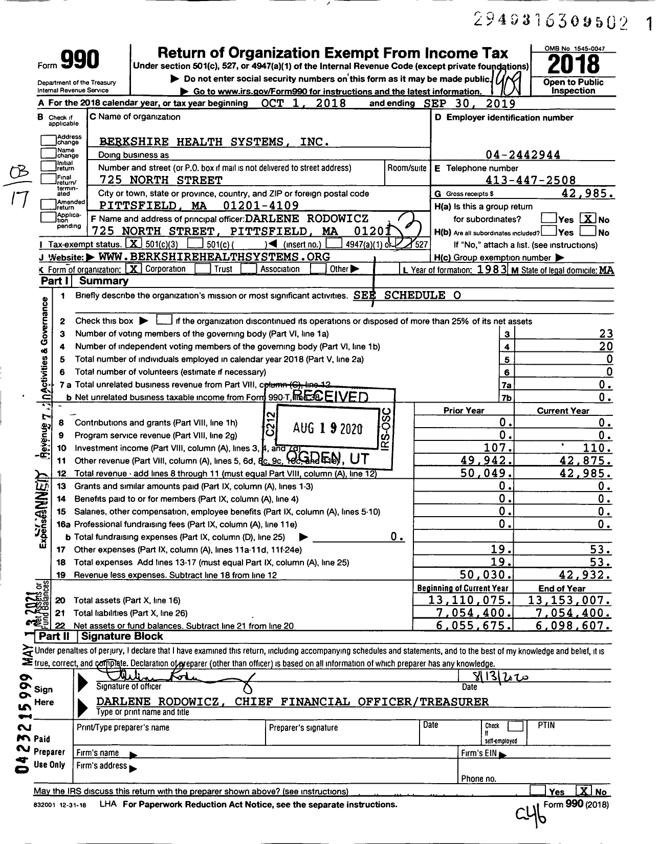 Image of first page of 2018 Form 990 for Berkshire Health Systems