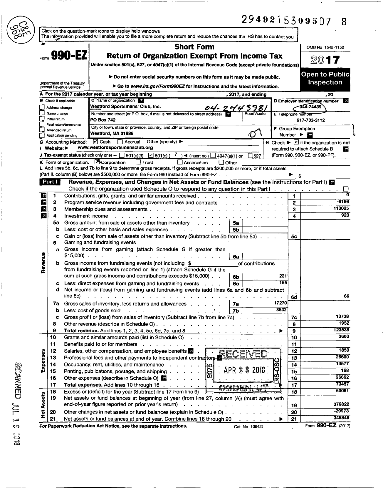 Image of first page of 2017 Form 990EO for Westford Sportmen's Club