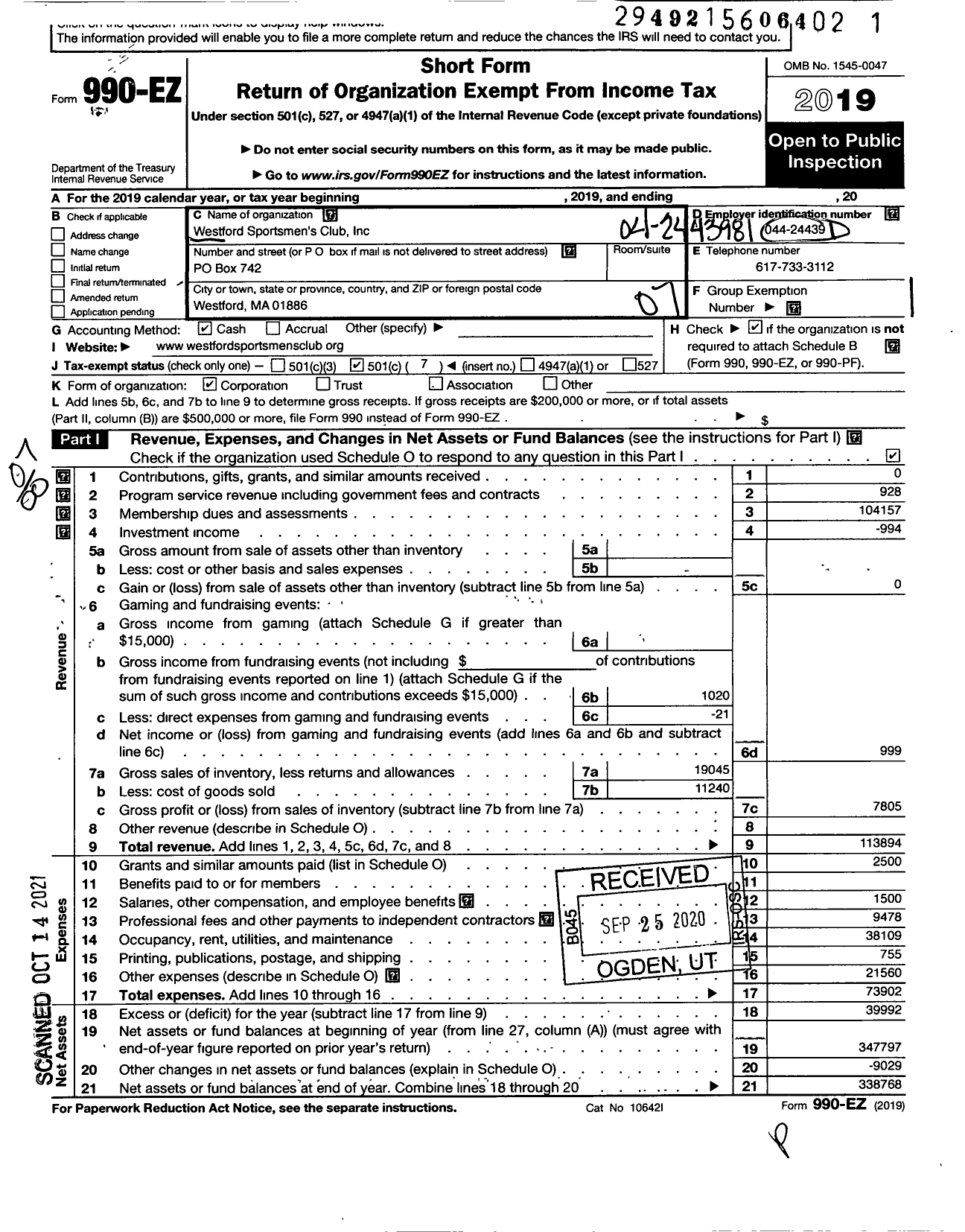 Image of first page of 2019 Form 990EO for Westford Sportmen's Club