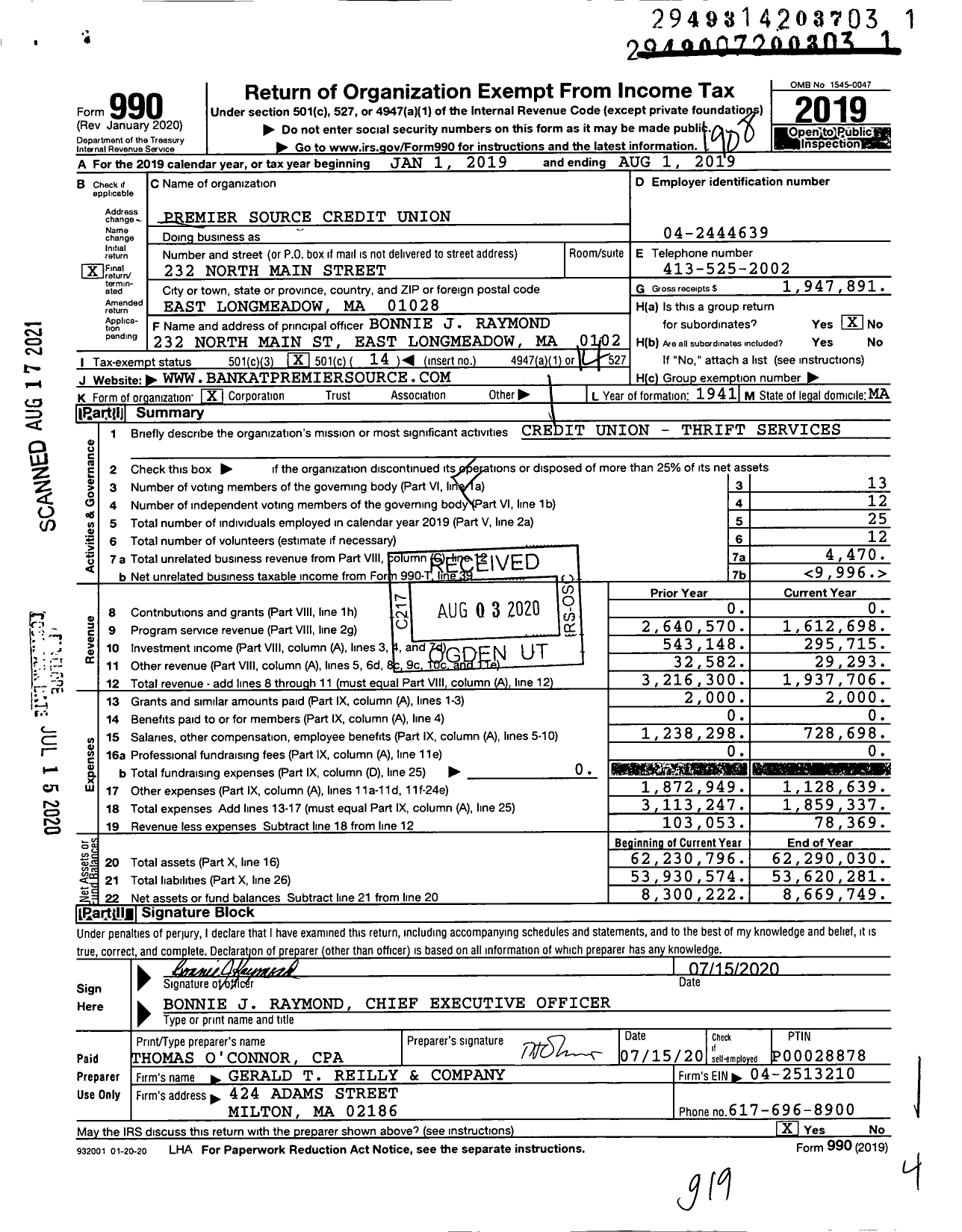 Image of first page of 2018 Form 990O for Premier Source Credit Union