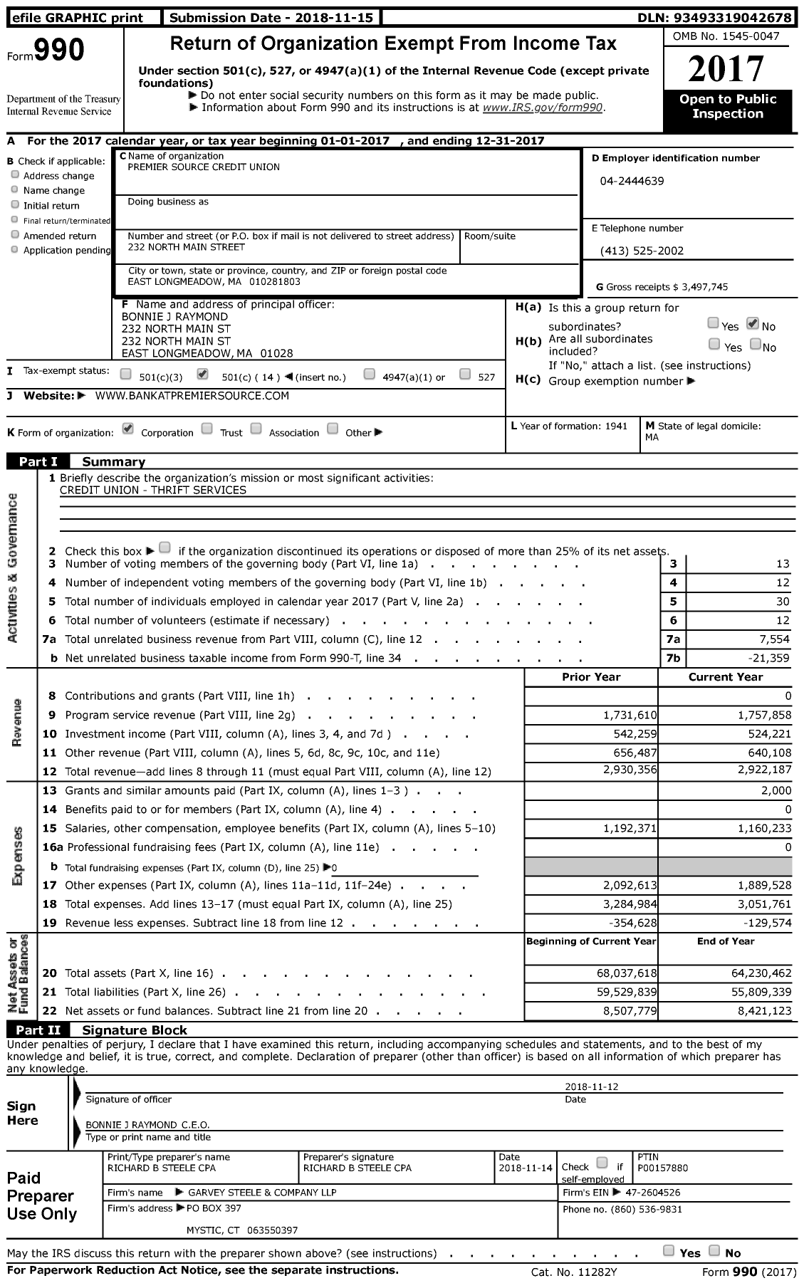 Image of first page of 2017 Form 990 for Premier Source Credit Union