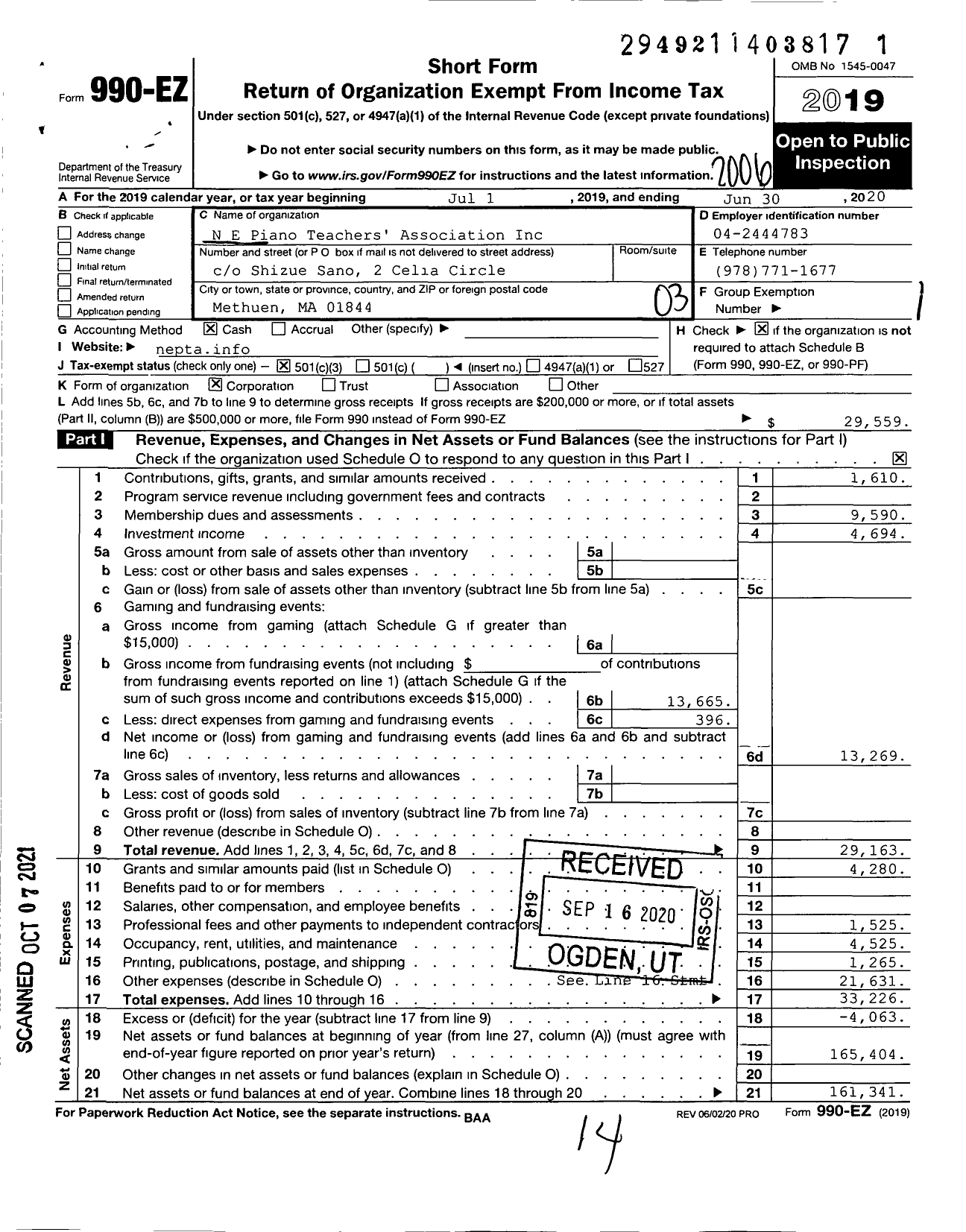 Image of first page of 2019 Form 990EZ for New England Piano Teachers Association