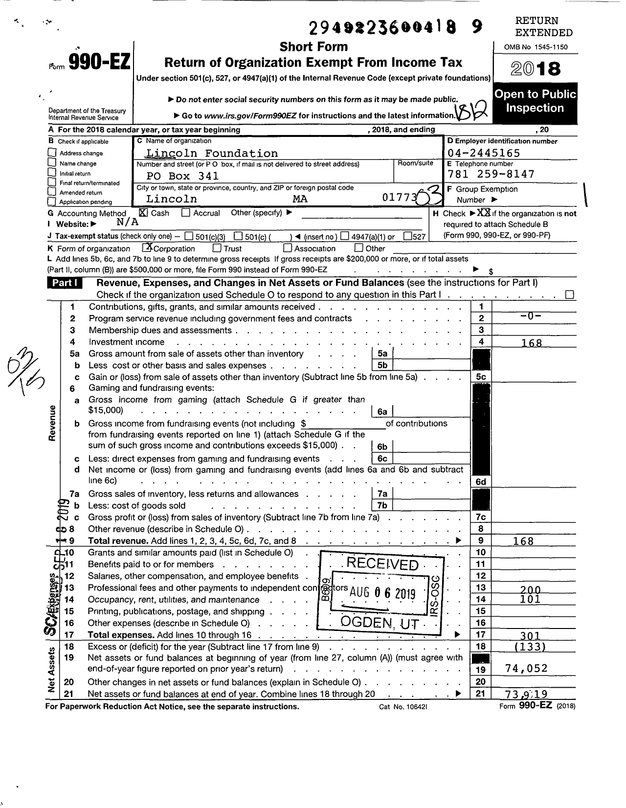 Image of first page of 2018 Form 990EZ for Lincoln Foundation